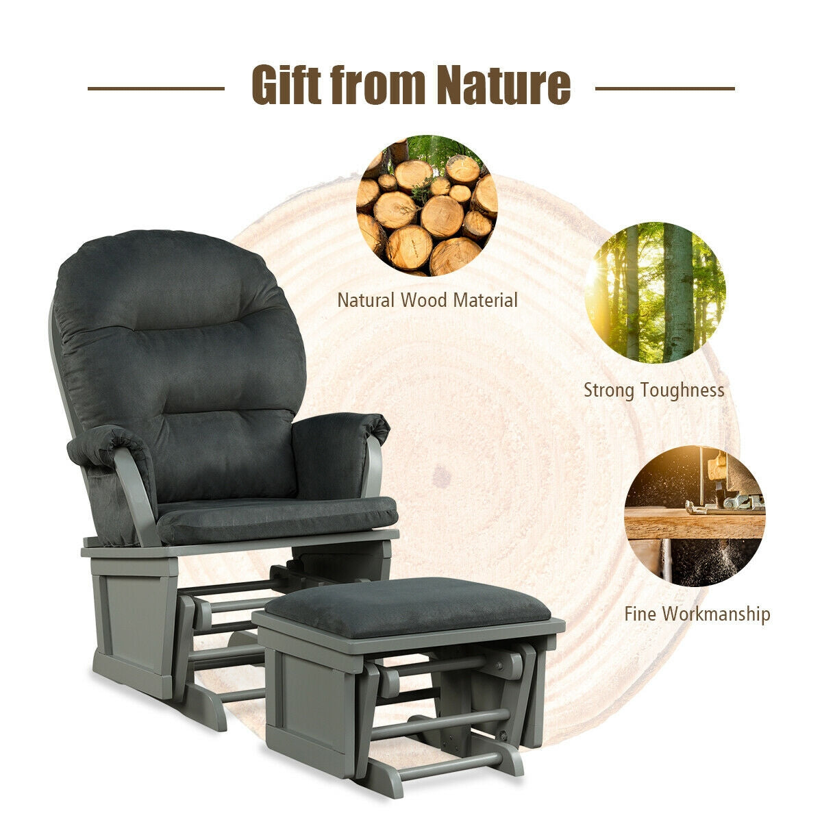 Wood Baby Glider and Ottoman Cushion Set with Padded Armrests for Nursing-Gray Kids Crystal