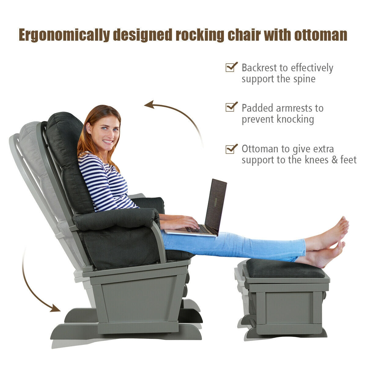 Wood Baby Glider and Ottoman Cushion Set with Padded Armrests for Nursing-Gray Kids Crystal