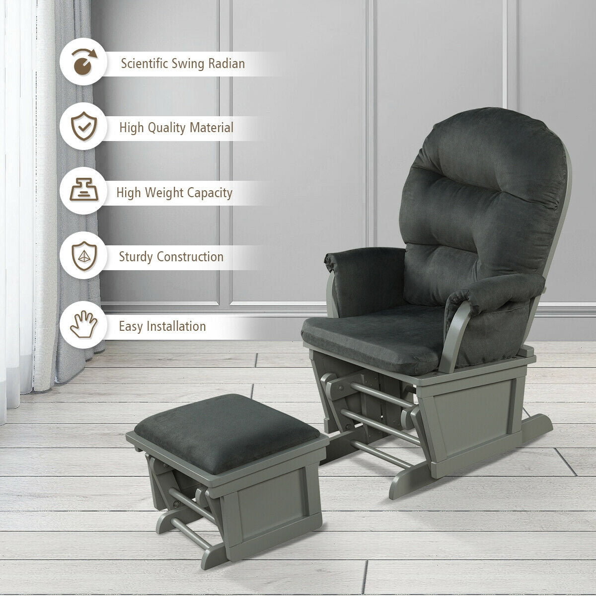 Wood Baby Glider and Ottoman Cushion Set with Padded Armrests for Nursing-Gray Kids Crystal