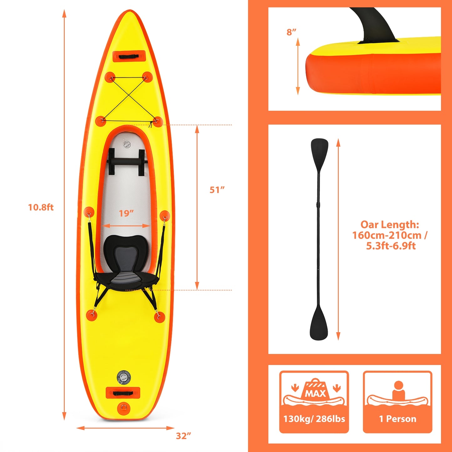 10.8 Feet Inflatable Kayak Set K1 1-Person Sit-On-Top Kayak with Oars-Yellow Kids Crystal