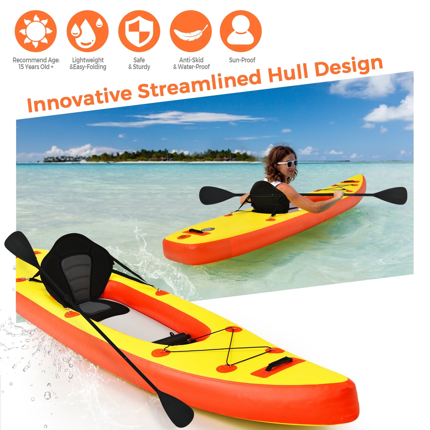 10.8 Feet Inflatable Kayak Set K1 1-Person Sit-On-Top Kayak with Oars-Yellow Kids Crystal