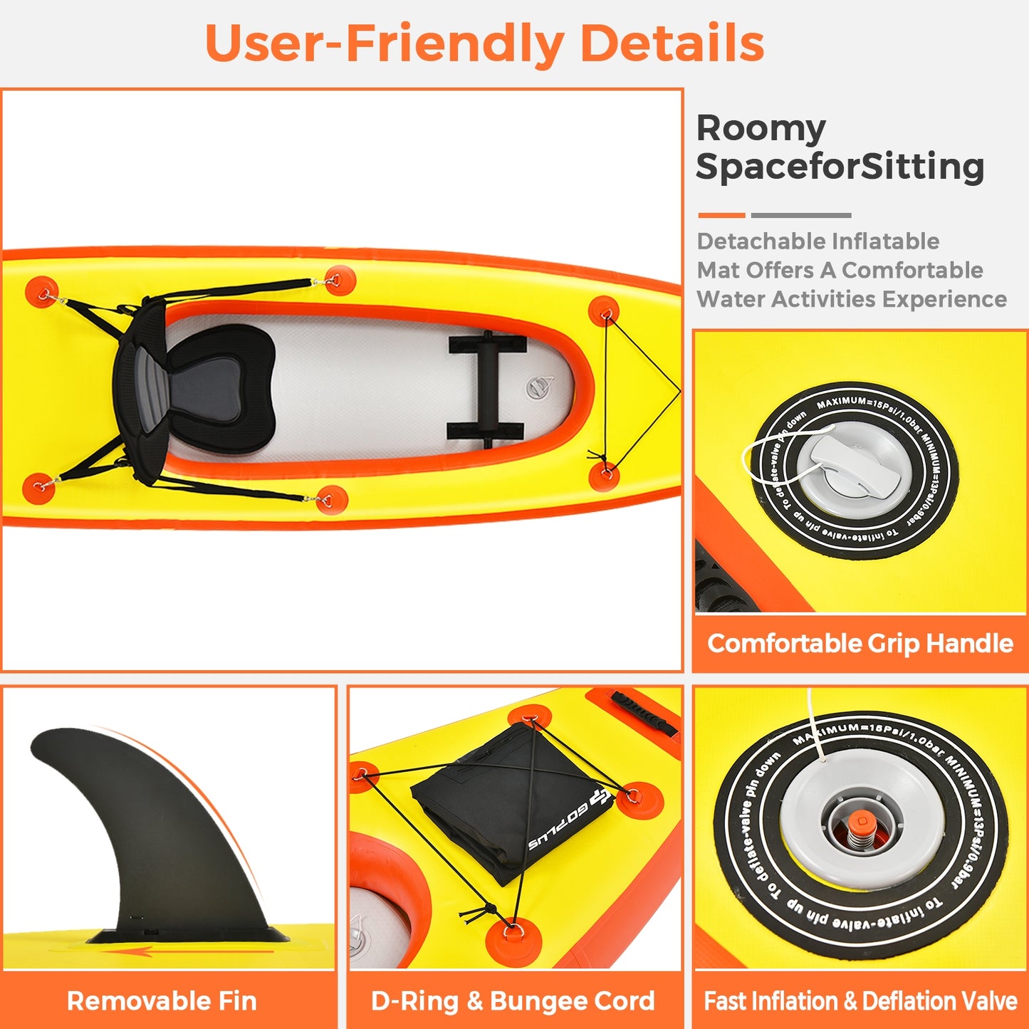 10.8 Feet Inflatable Kayak Set K1 1-Person Sit-On-Top Kayak with Oars-Yellow Kids Crystal