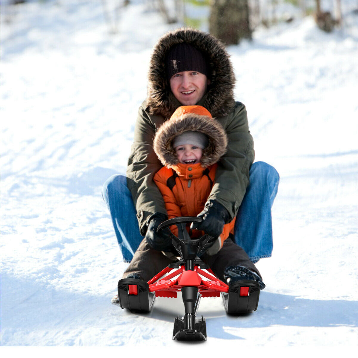 55.5 x 23.5 Inch Snow Sled with Steering Wheel and Double Brakes Pull Rope Slider Kids Crystal