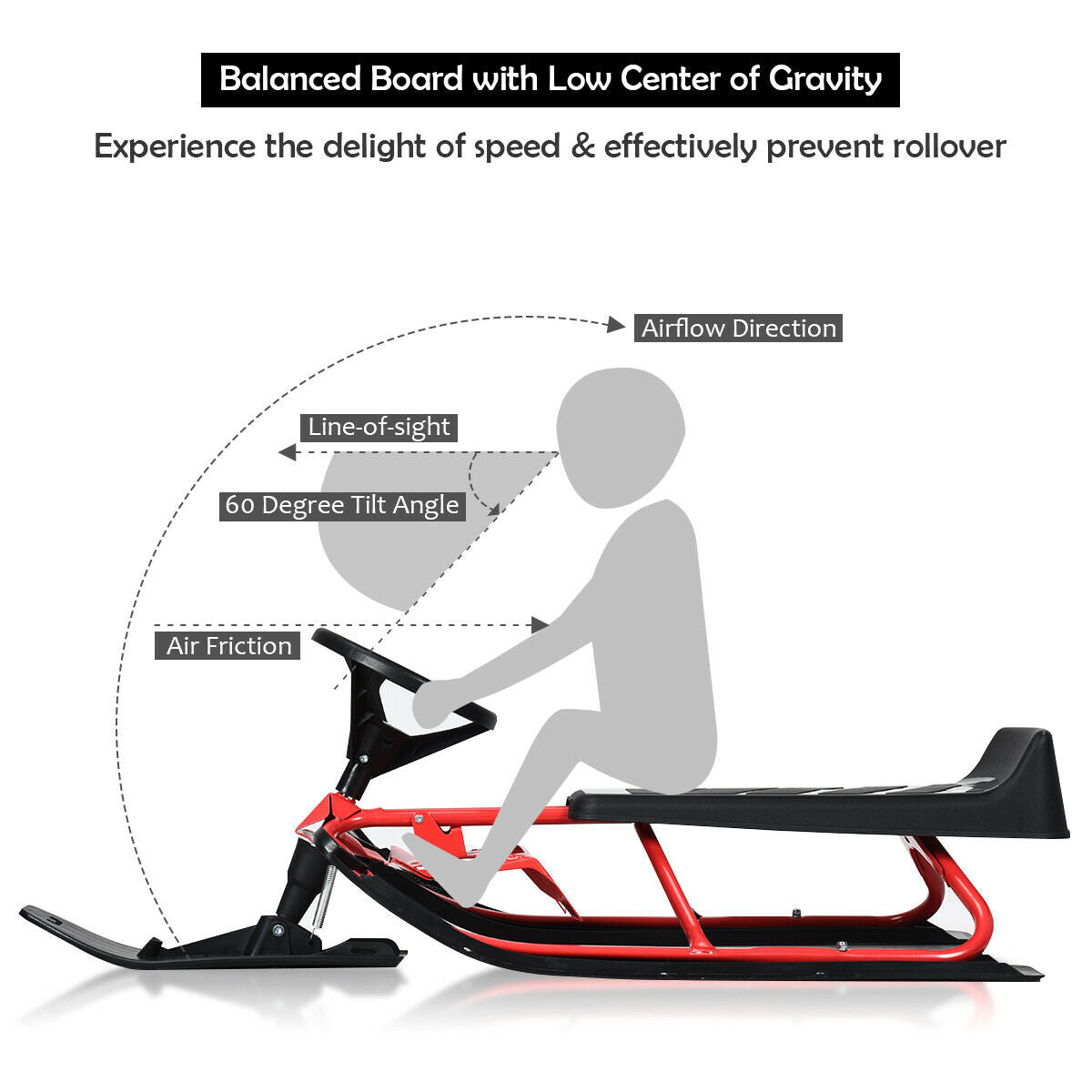 55.5 x 23.5 Inch Snow Sled with Steering Wheel and Double Brakes Pull Rope Slider Kids Crystal