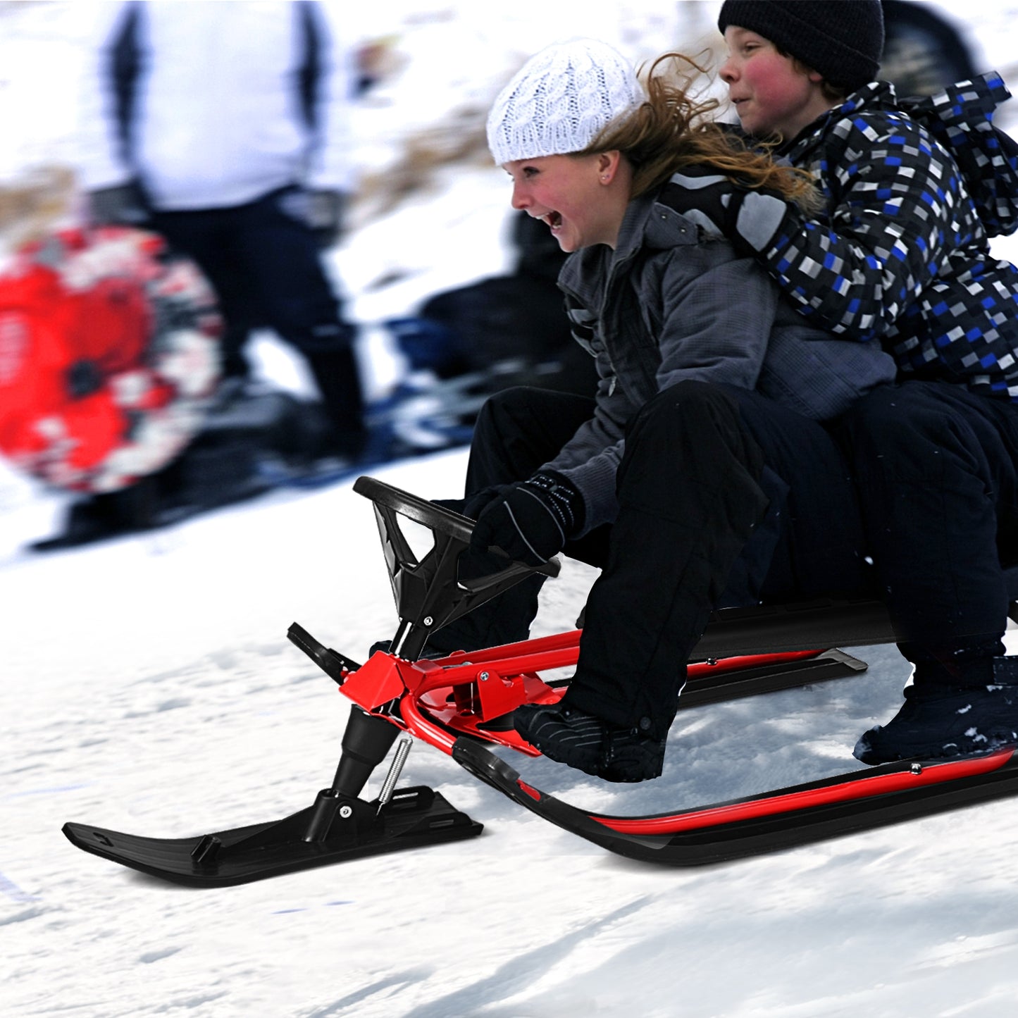 Kids Snow Sled withDouble Brakes Pull Rope and Steering Wheel Kids Crystal