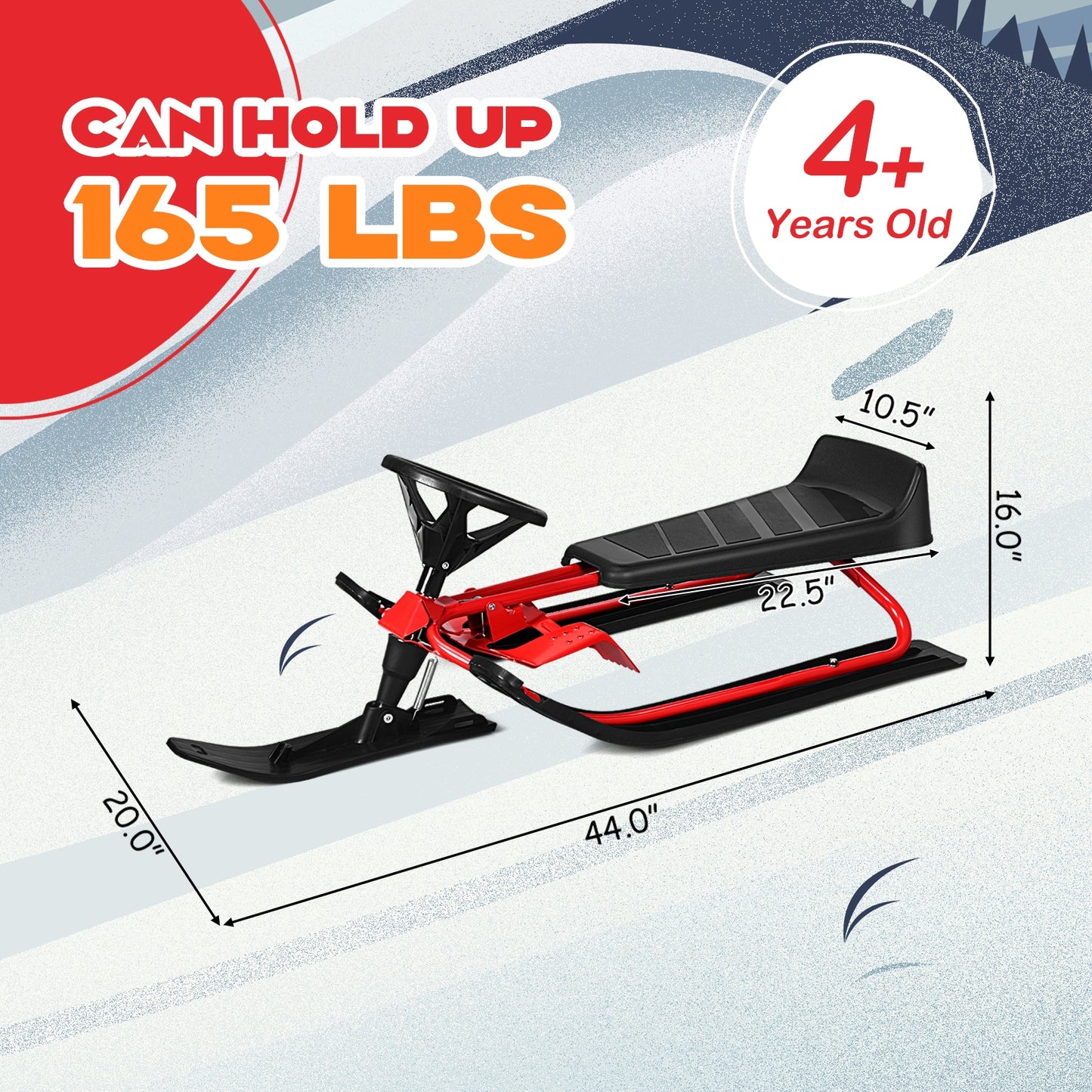 Kids Snow Sled withDouble Brakes Pull Rope and Steering Wheel Kids Crystal