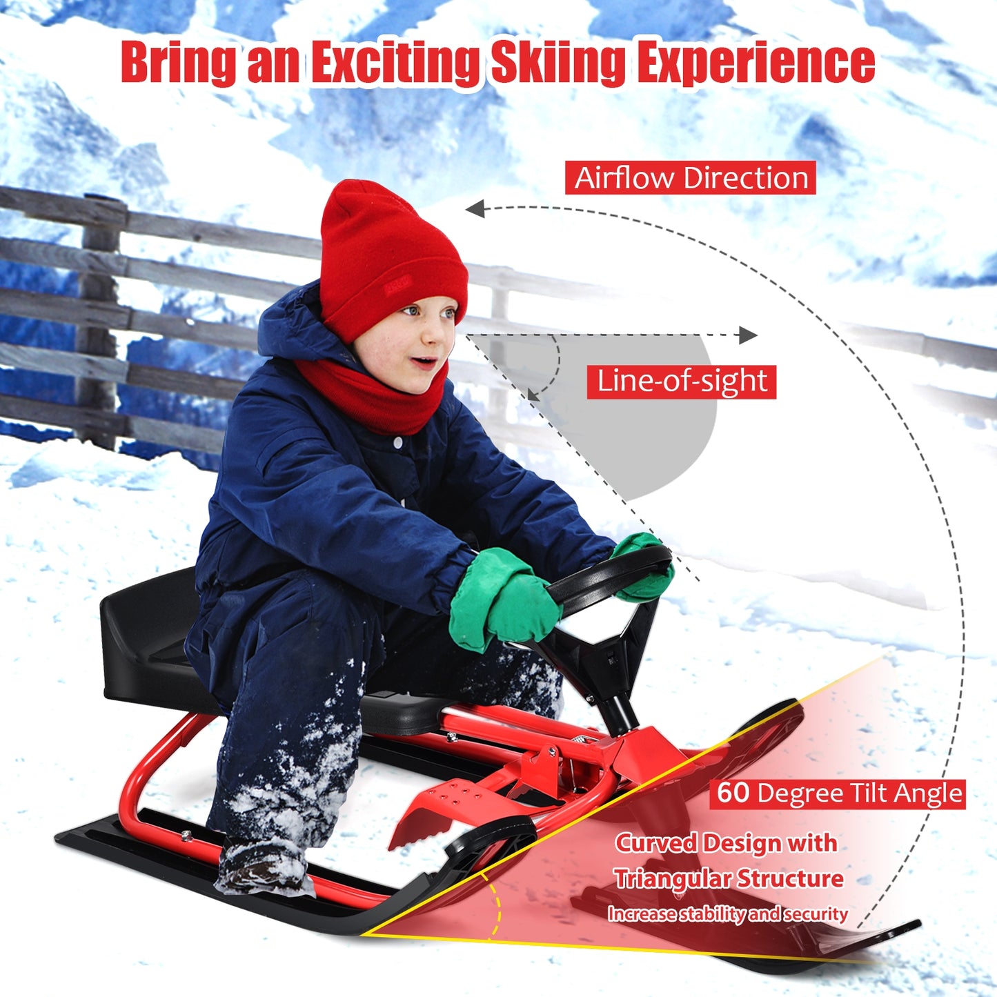 Kids Snow Sled withDouble Brakes Pull Rope and Steering Wheel Kids Crystal