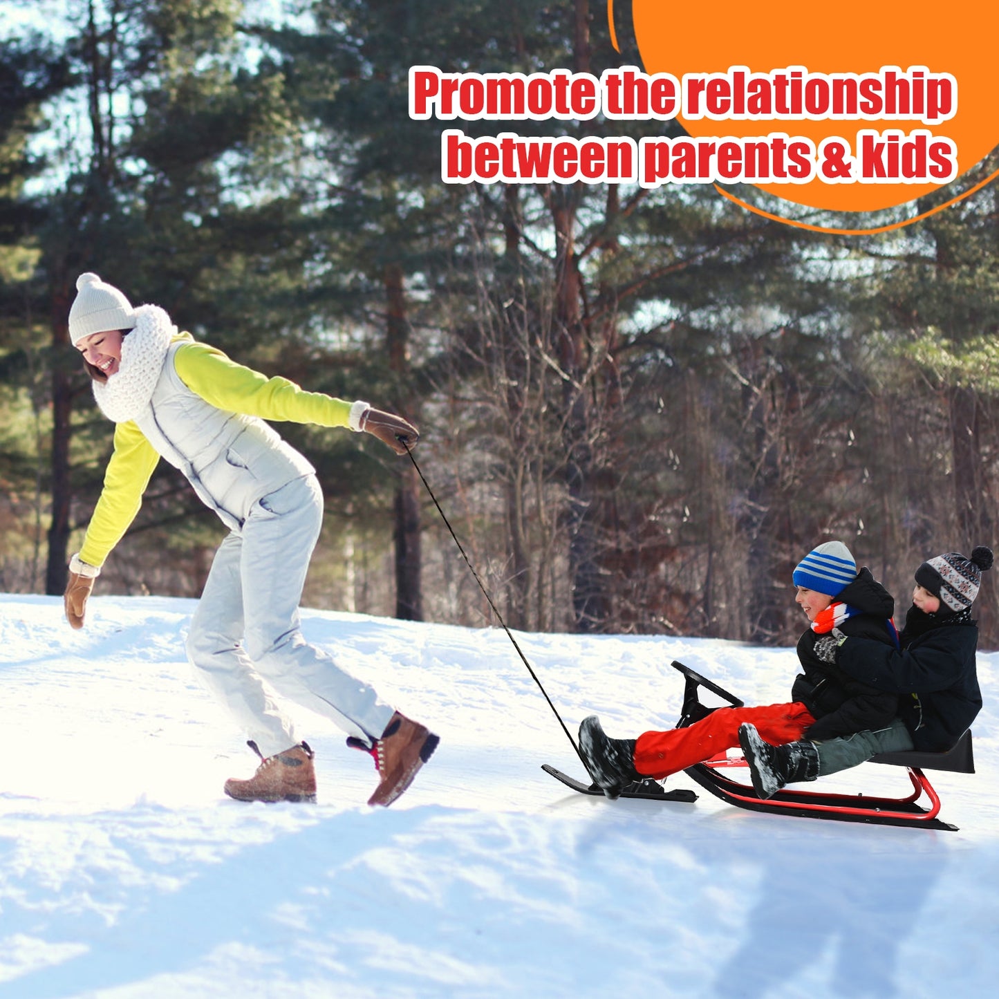 Kids Snow Sled withDouble Brakes Pull Rope and Steering Wheel Kids Crystal