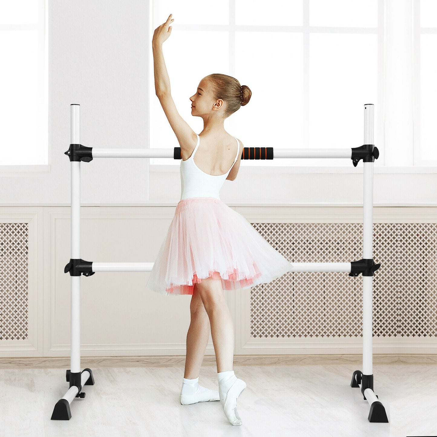 4 Feet Portable Freestanding Stable Construction Pilates Ballet Barre with Double Dance Bar-Gray Kids Crystal