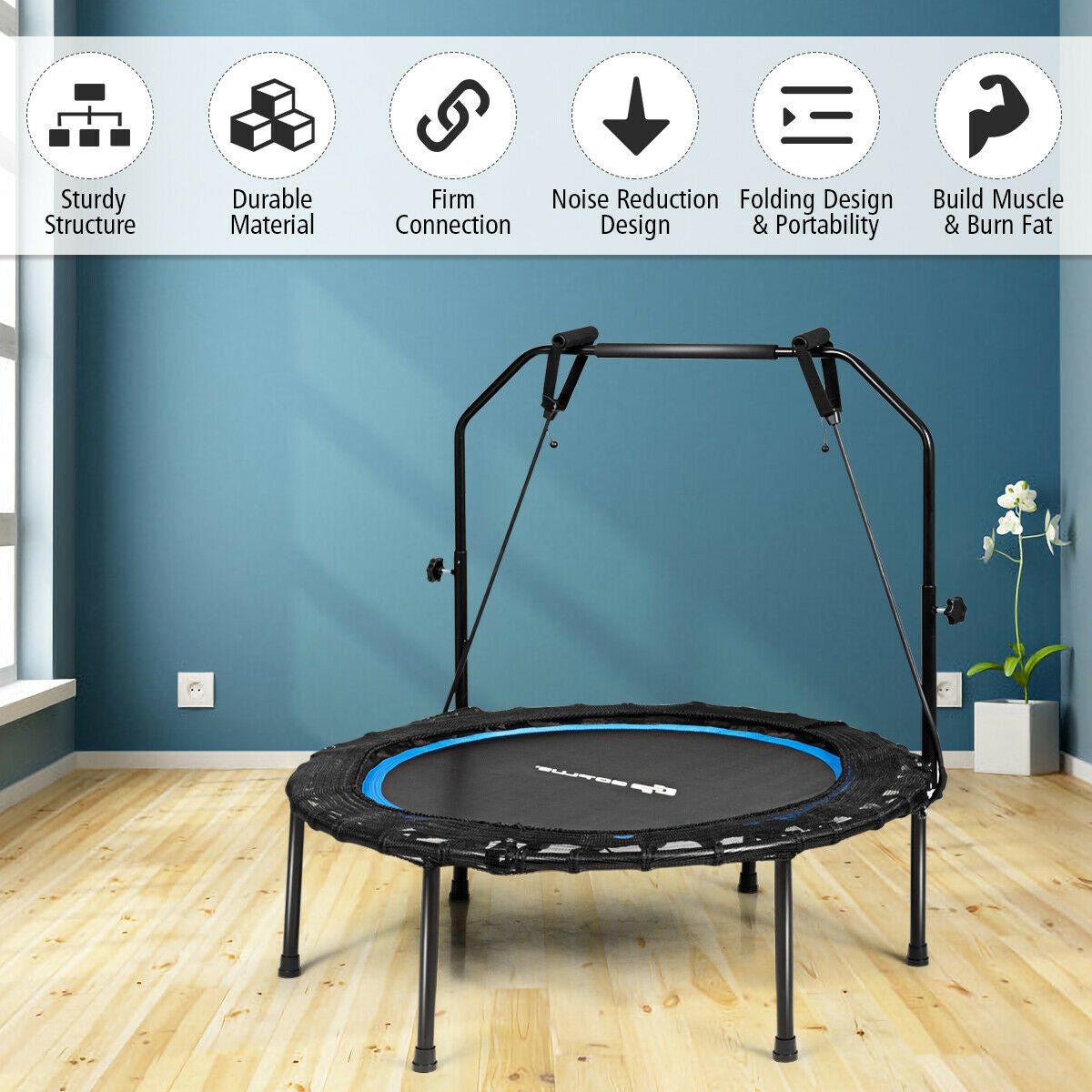 40 Inch Foldable Fitness Rebounder with Resistance Bands Adjustable Home-Blue Kids Crystal