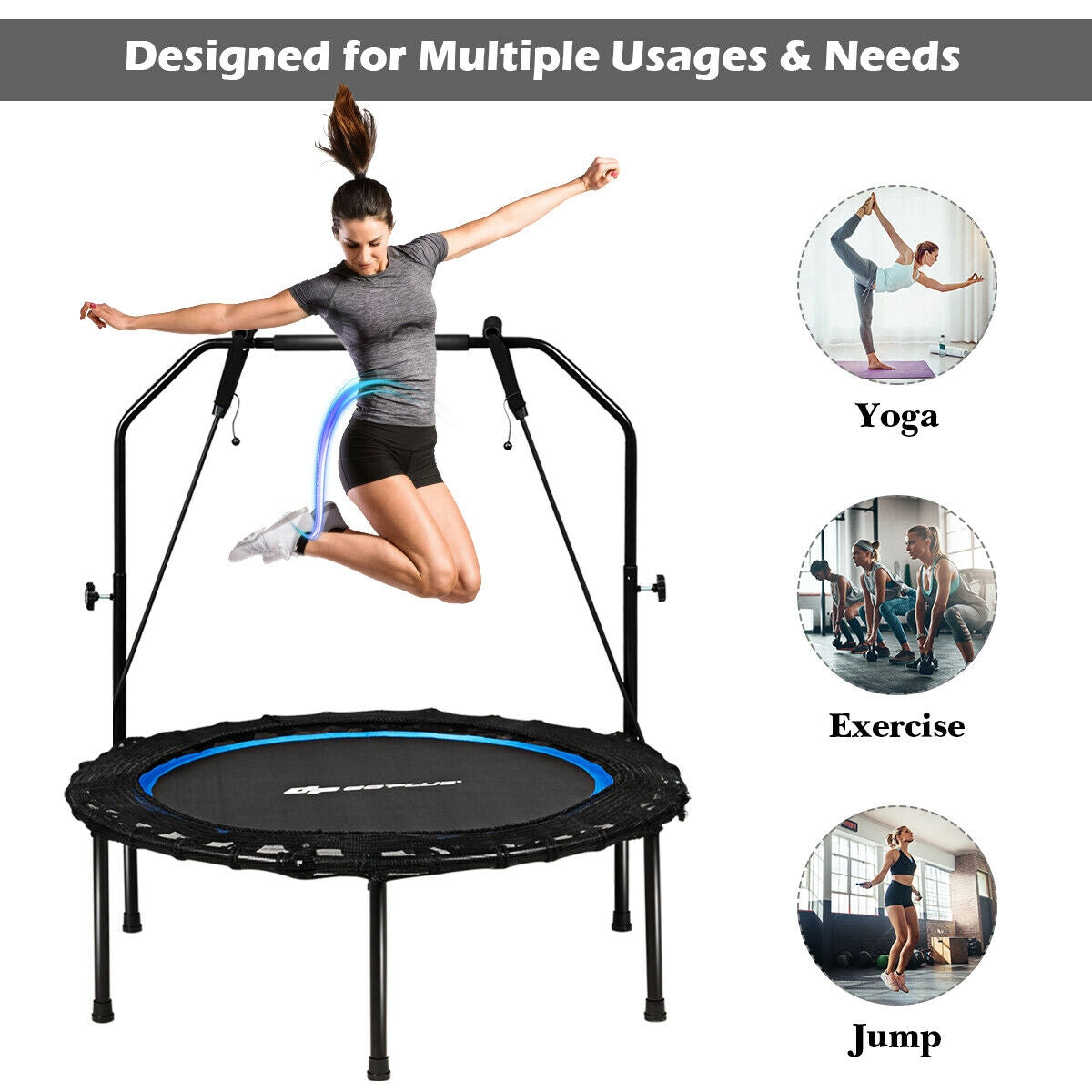 40 Inch Foldable Fitness Rebounder with Resistance Bands Adjustable Home-Blue Kids Crystal