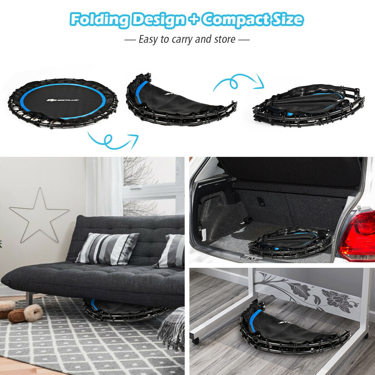 40 Inch Foldable Fitness Rebounder with Resistance Bands Adjustable Home-Blue Kids Crystal
