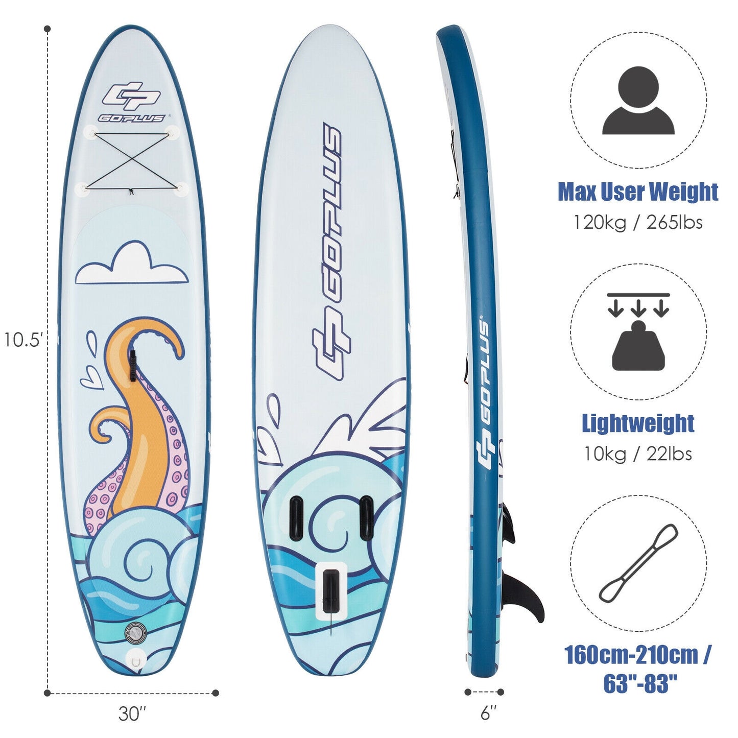 10.5 feet Inflatable Stand Up Paddle Board Surfboard with Aluminum Paddle Pump-10.5 feet Kids Crystal