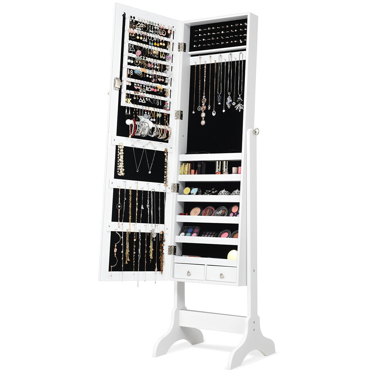 Lockable Mirrored Jewelry Cabinet Armoire Storage Organizer Box-White Kids Crystal