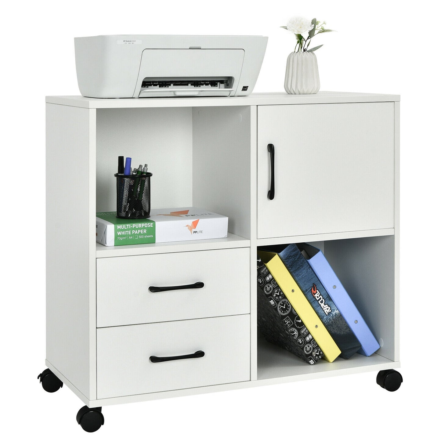 Mobile File Cabinet with Lateral Printer Stand and Storage Shelves-White Kids Crystal