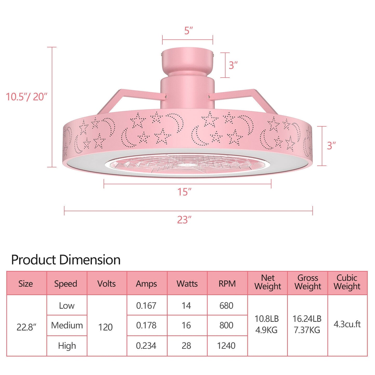23 Inch Ceiling Fan with LED Light and Remote Control-Pink Kids Crystal
