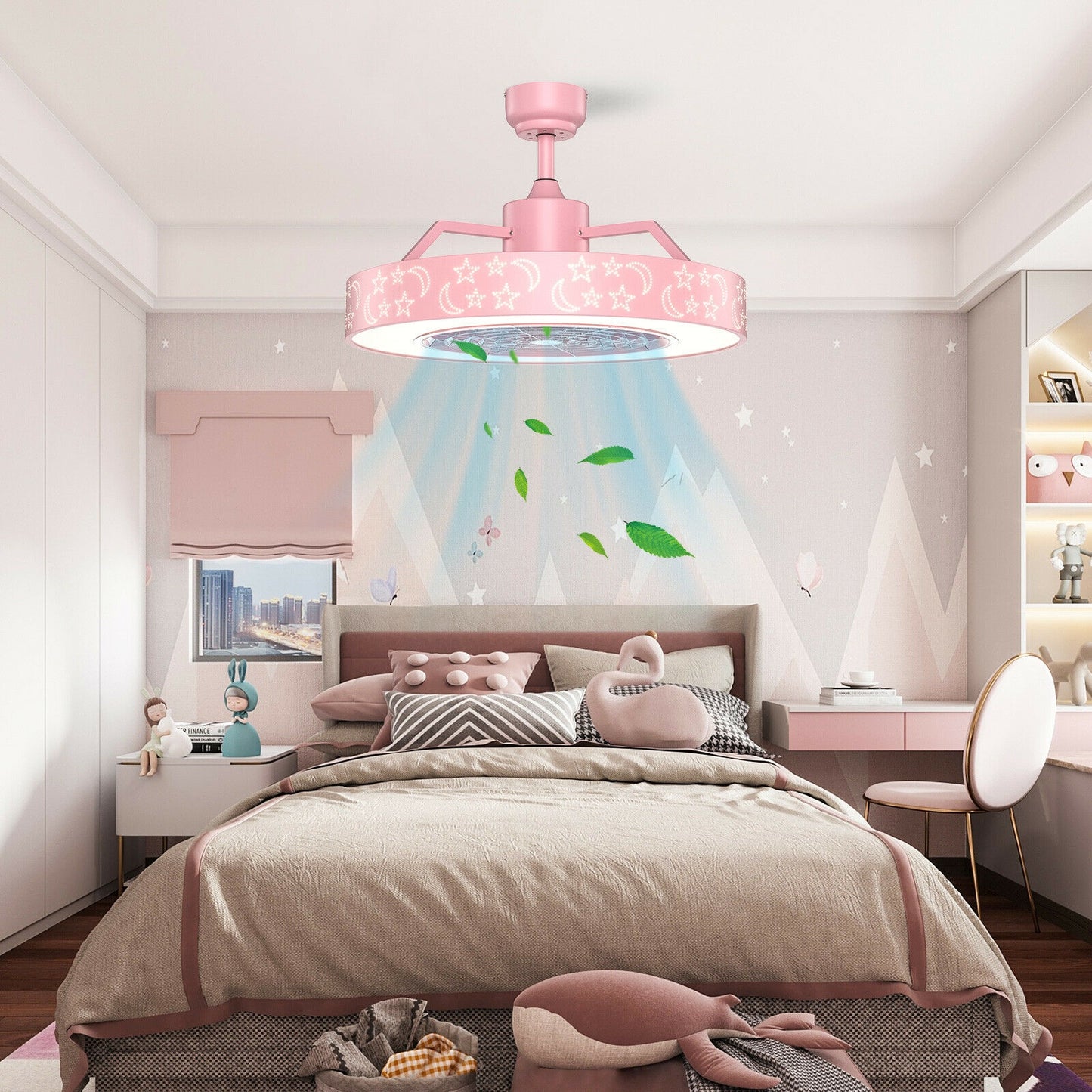 23 Inch Ceiling Fan with LED Light and Remote Control-Pink Kids Crystal