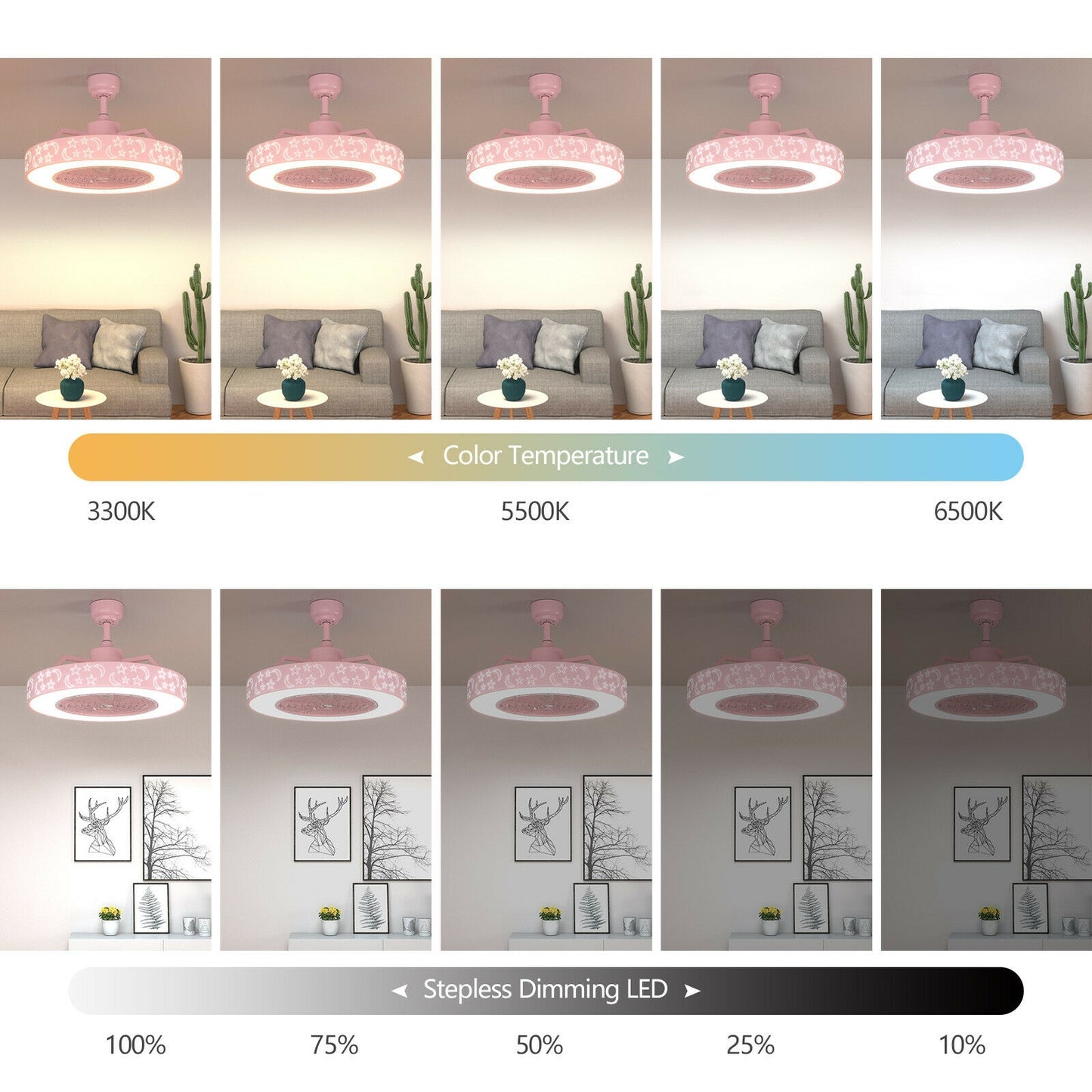 23 Inch Ceiling Fan with LED Light and Remote Control-Pink Kids Crystal