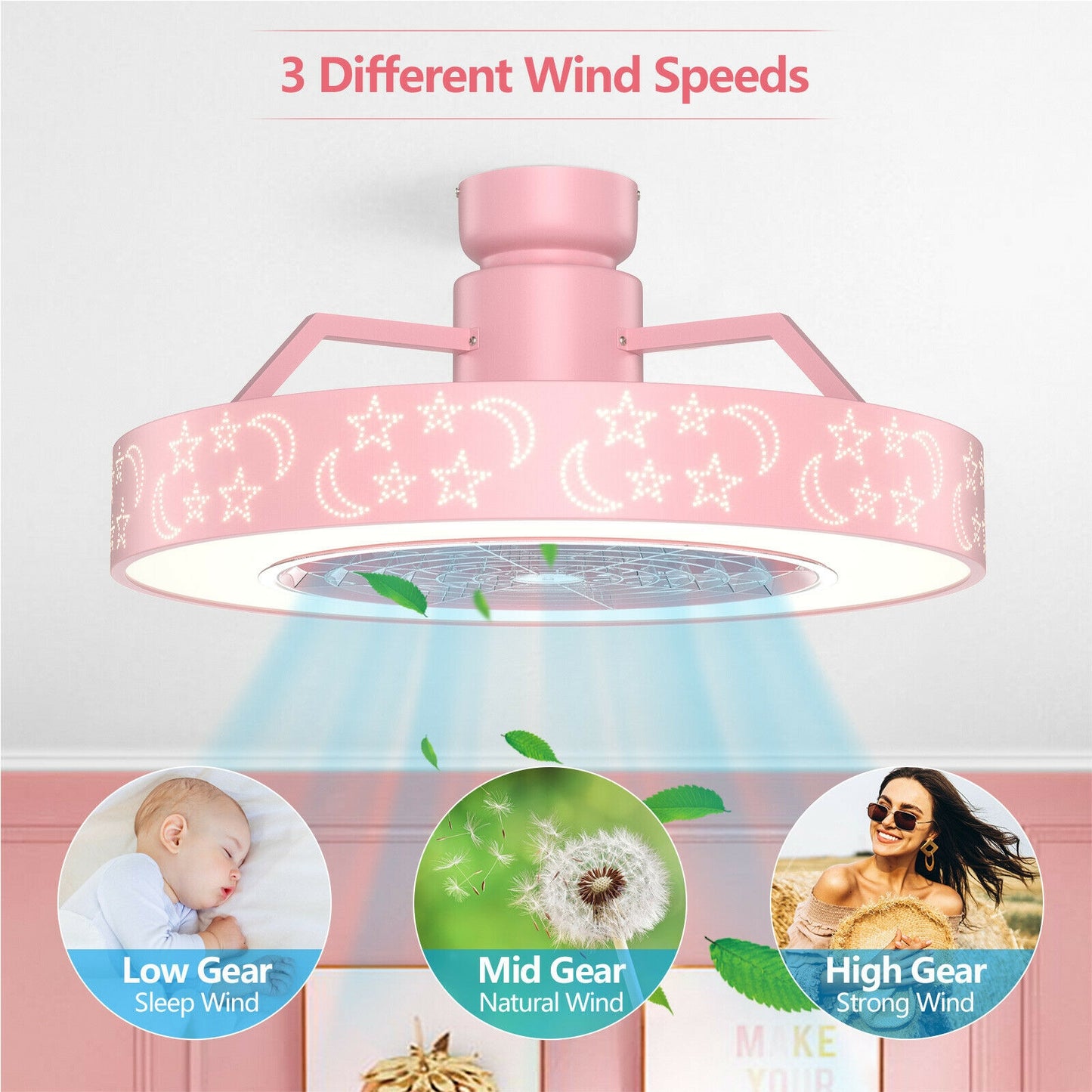 23 Inch Ceiling Fan with LED Light and Remote Control-Pink Kids Crystal