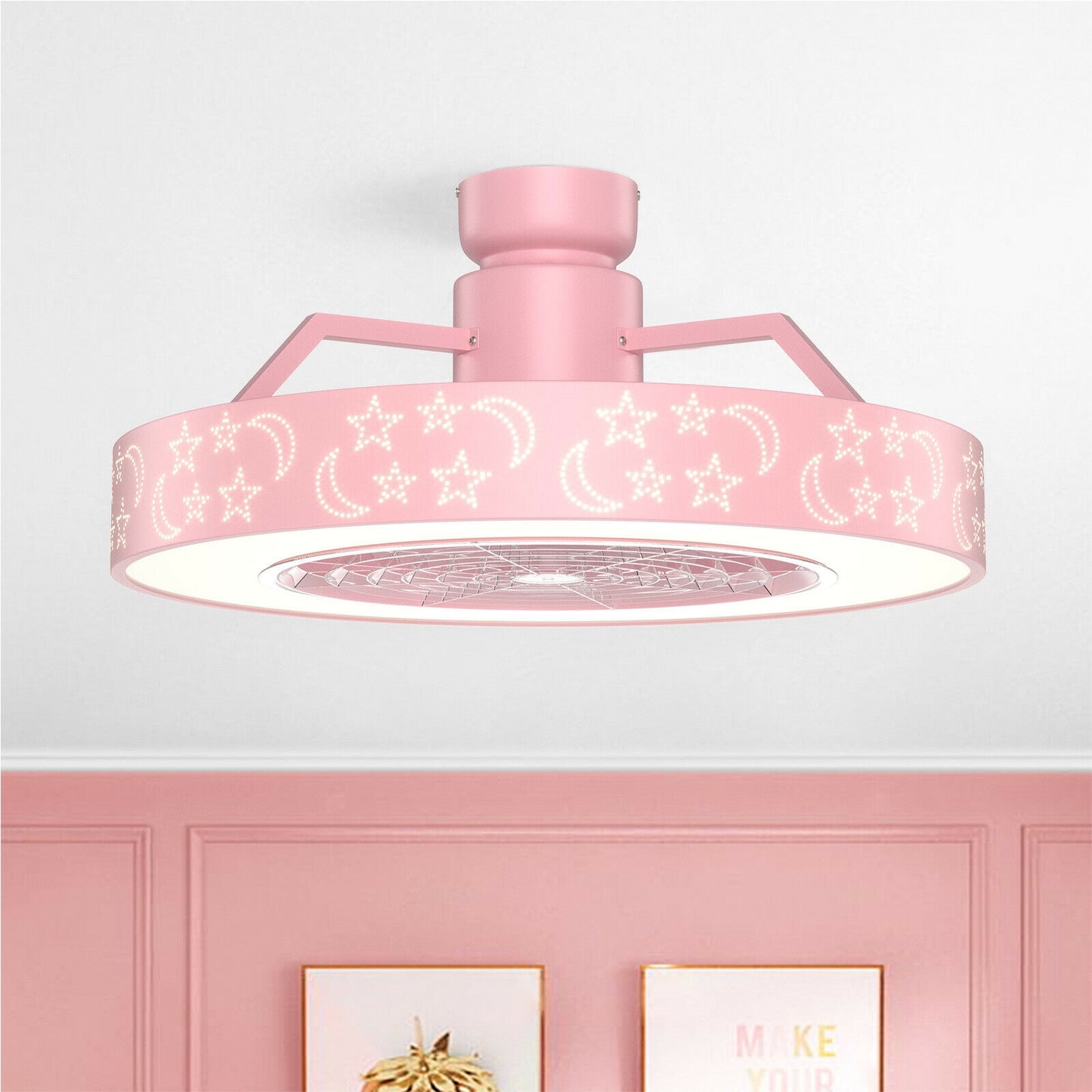 23 Inch Ceiling Fan with LED Light and Remote Control-Pink Kids Crystal