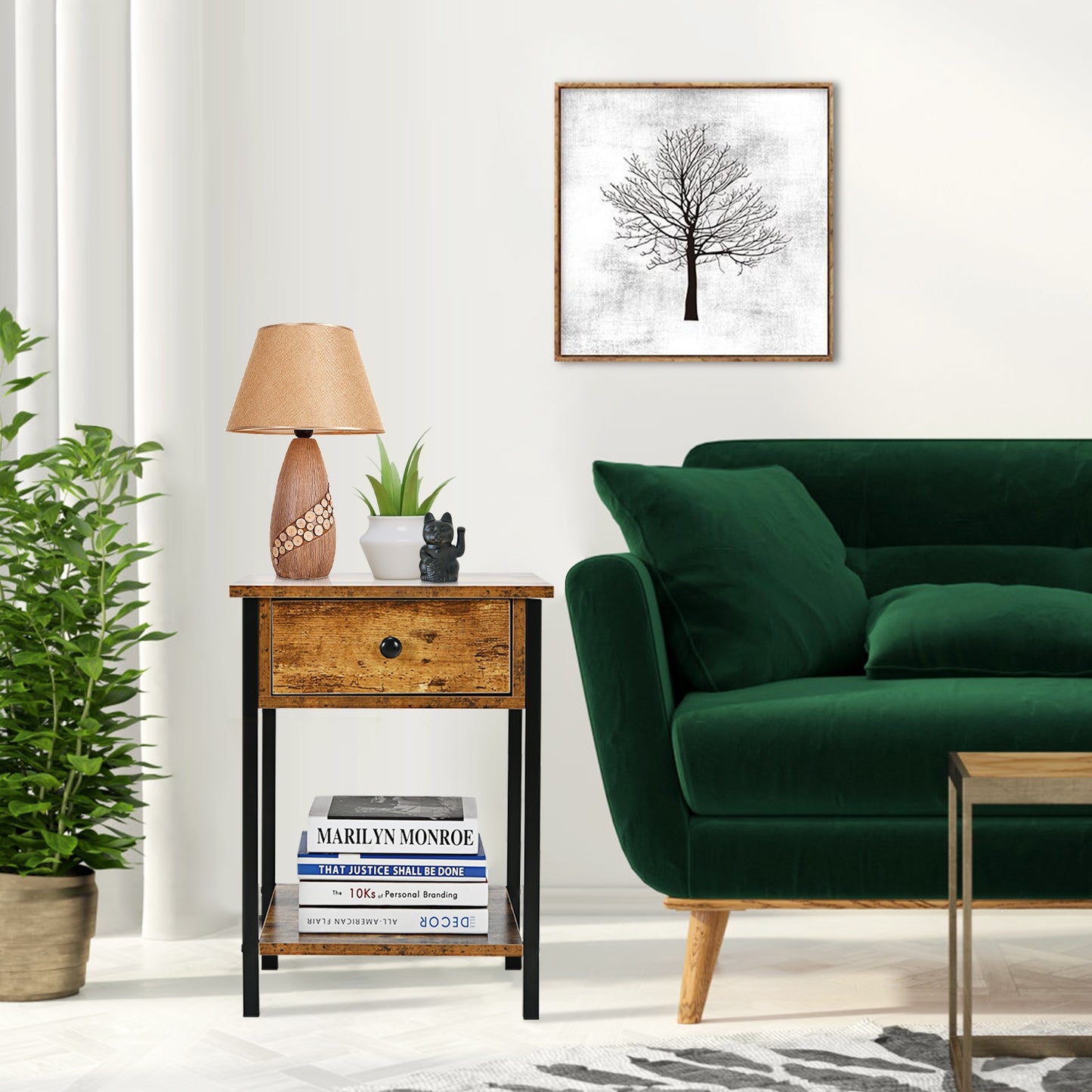 Industrial End Side Table Nightstand with Drawer Shelf-Rustic Brown Kids Crystal