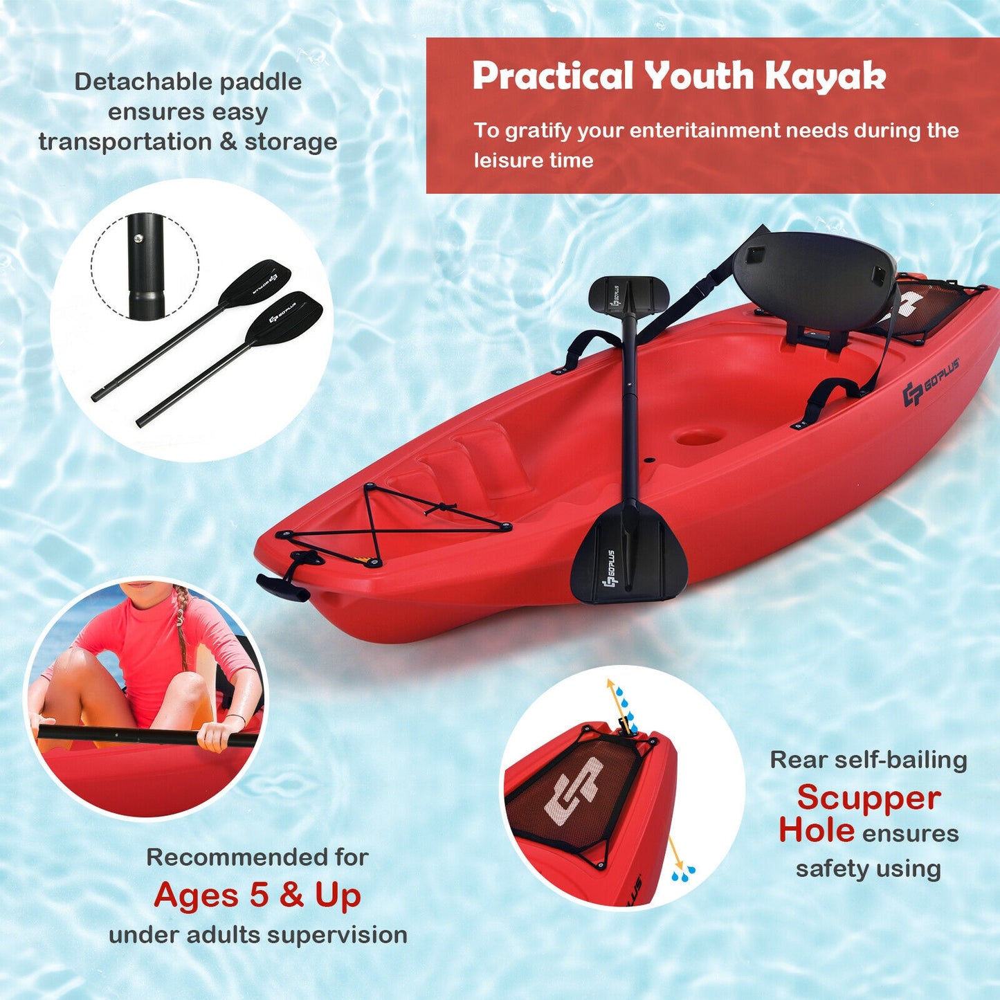 6 Feet Youth Kids Kayak with Bonus Paddle and Folding Backrest for Kid Over 5-Red Kids Crystal