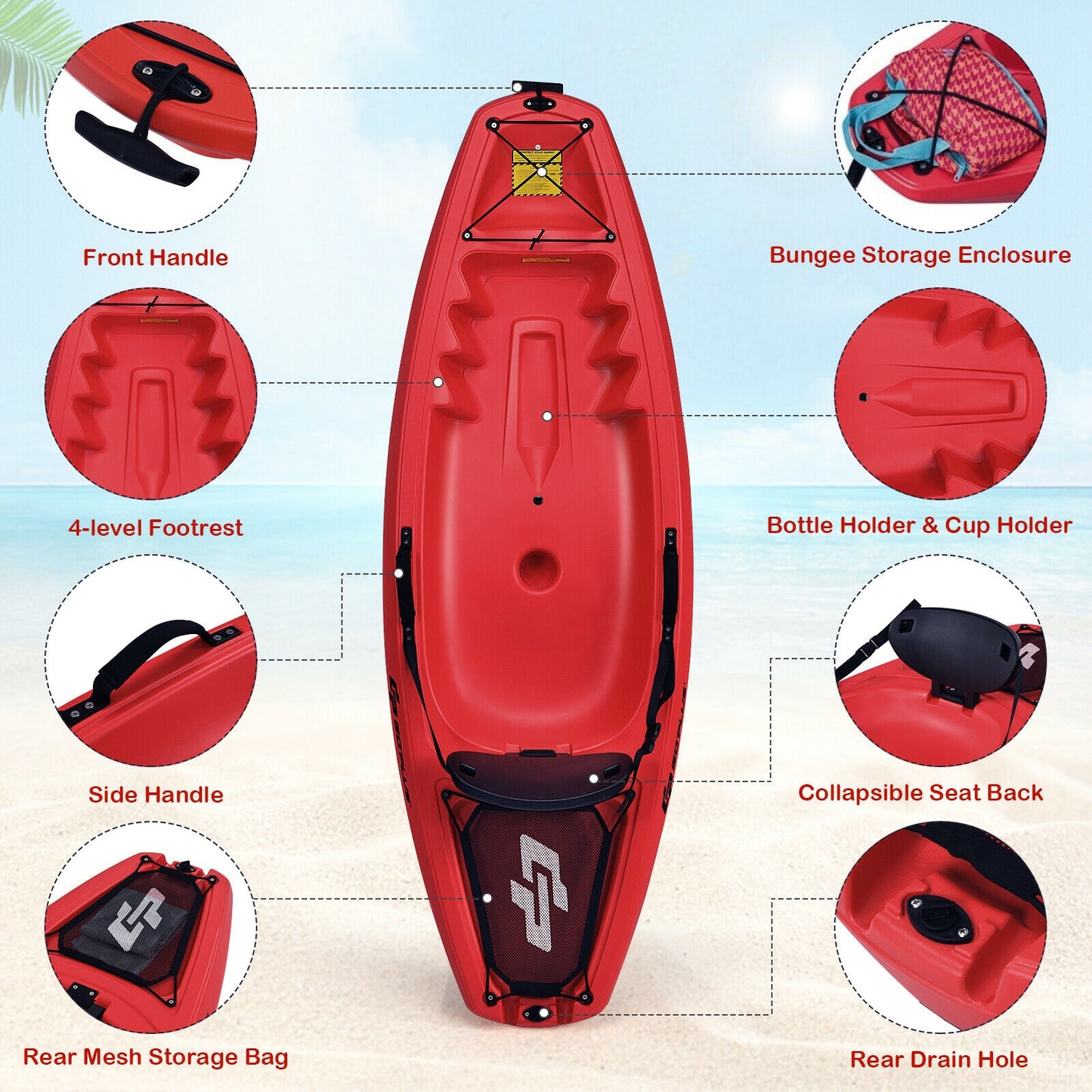 6 Feet Youth Kids Kayak with Bonus Paddle and Folding Backrest for Kid Over 5-Red Kids Crystal