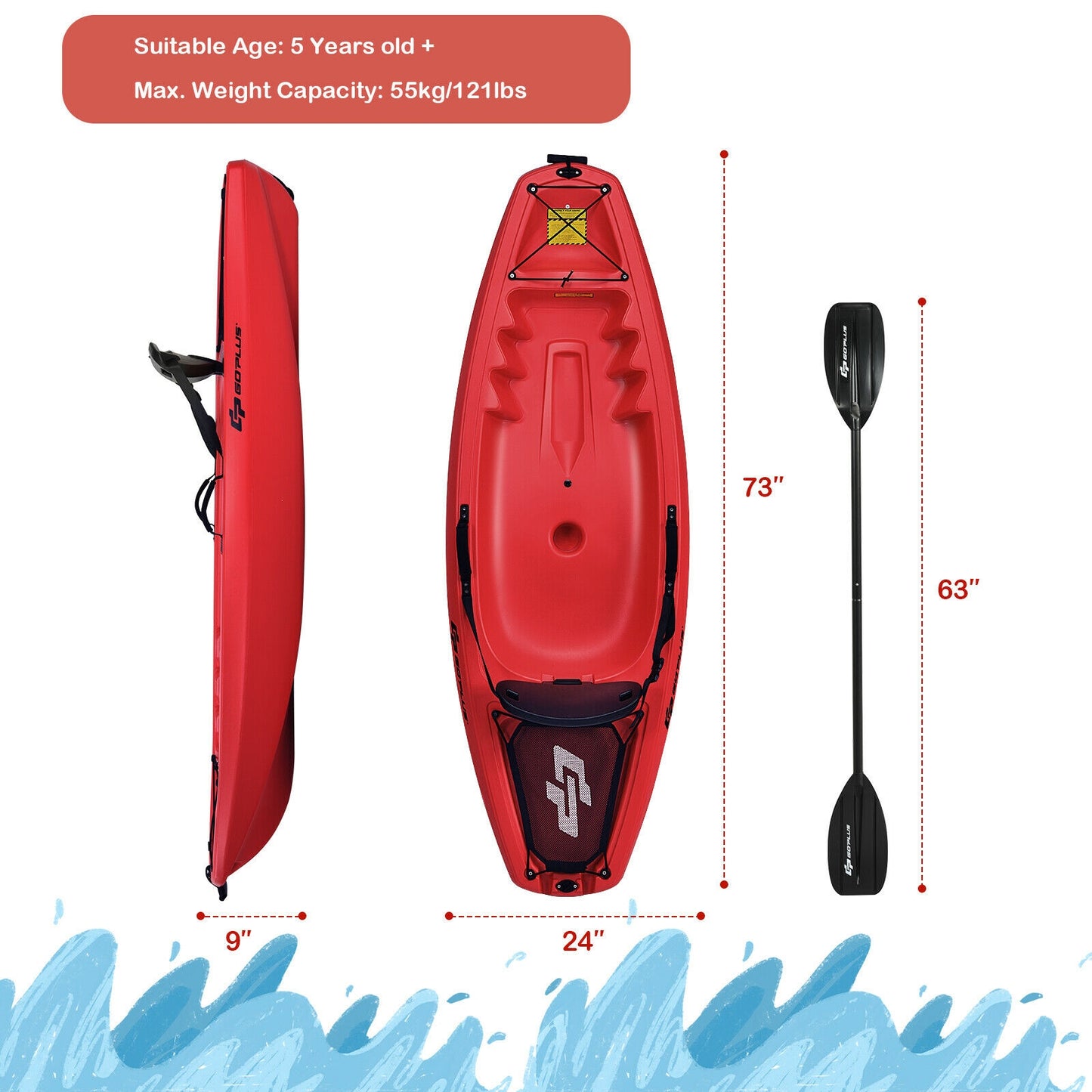 6 Feet Youth Kids Kayak with Bonus Paddle and Folding Backrest for Kid Over 5-Red Kids Crystal
