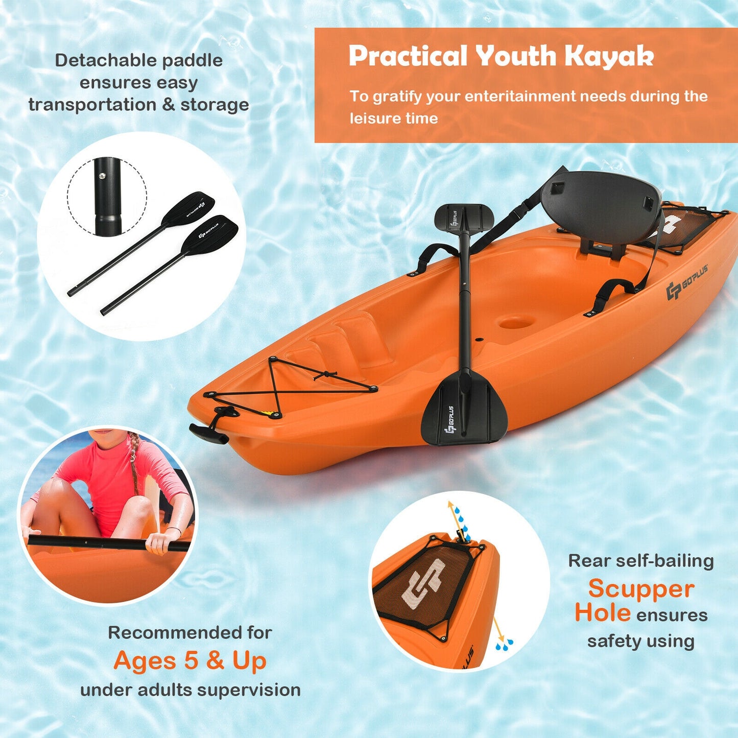 6 Feet Youth Kids Kayak with Bonus Paddle and Folding Backrest for Kid Over 5-Orange Kids Crystal