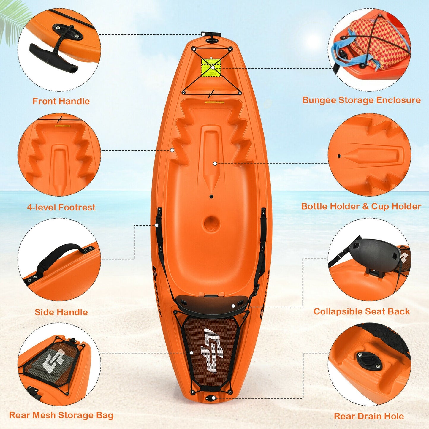 6 Feet Youth Kids Kayak with Bonus Paddle and Folding Backrest for Kid Over 5-Orange Kids Crystal