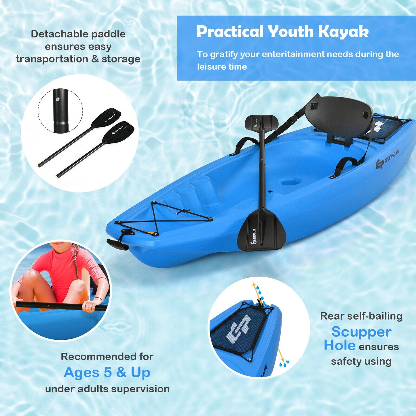 6 Feet Youth Kids Kayak with Bonus Paddle and Folding Backrest for Kid Over 5-Blue Kids Crystal