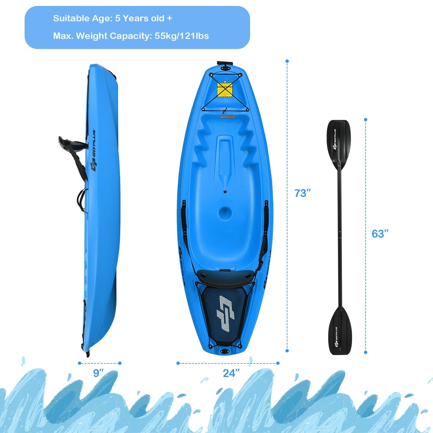 6 Feet Youth Kids Kayak with Bonus Paddle and Folding Backrest for Kid Over 5-Blue Kids Crystal