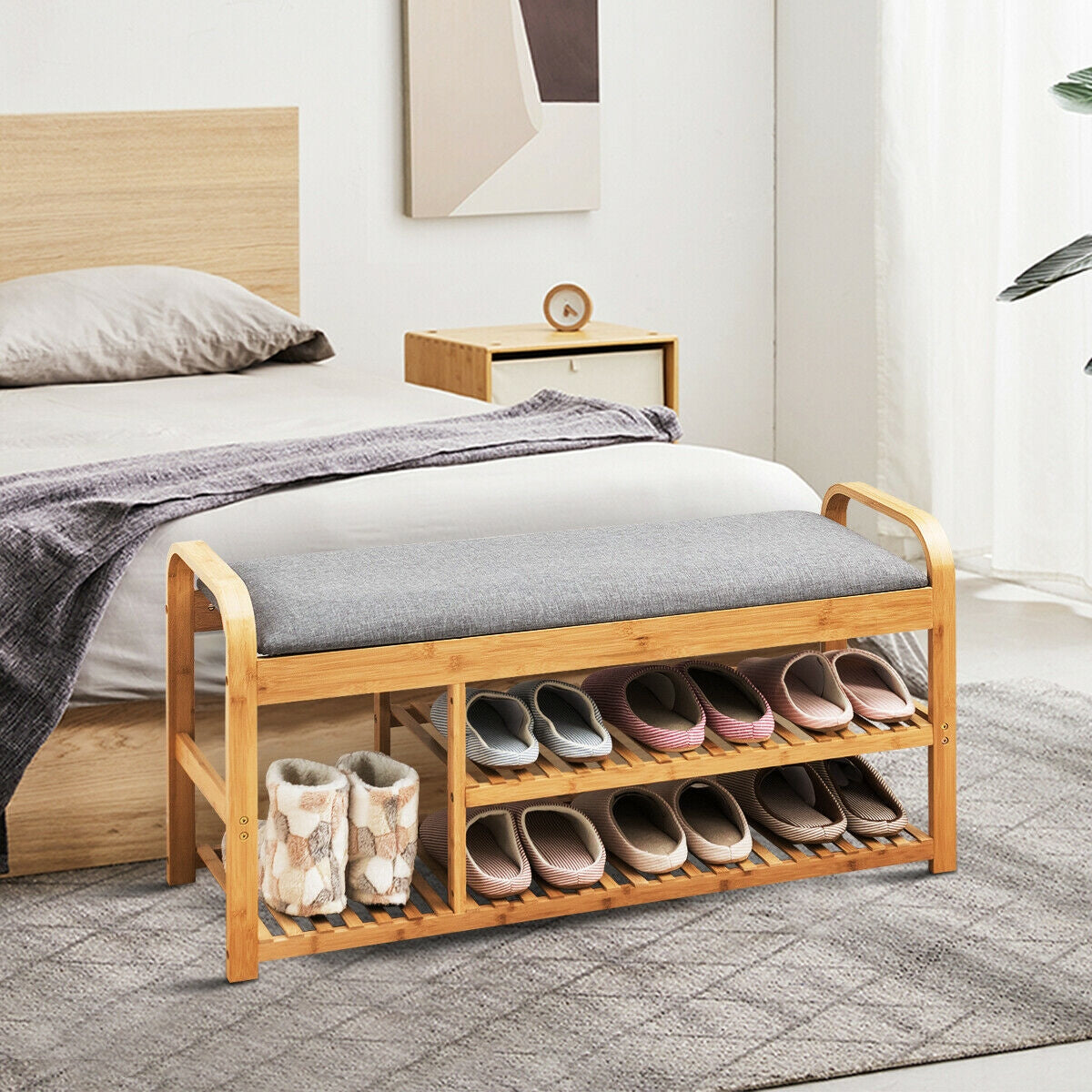 3-Tier Bamboo Shoe Rack Bench with Cushion-Natural Kids Crystal