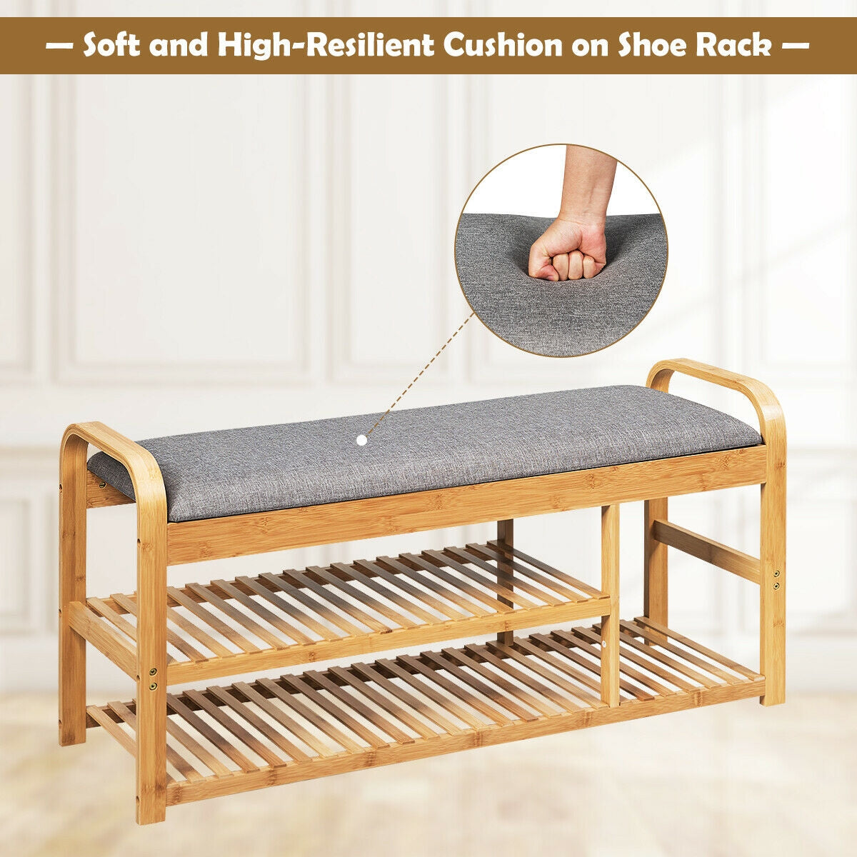 3-Tier Bamboo Shoe Rack Bench with Cushion-Natural Kids Crystal