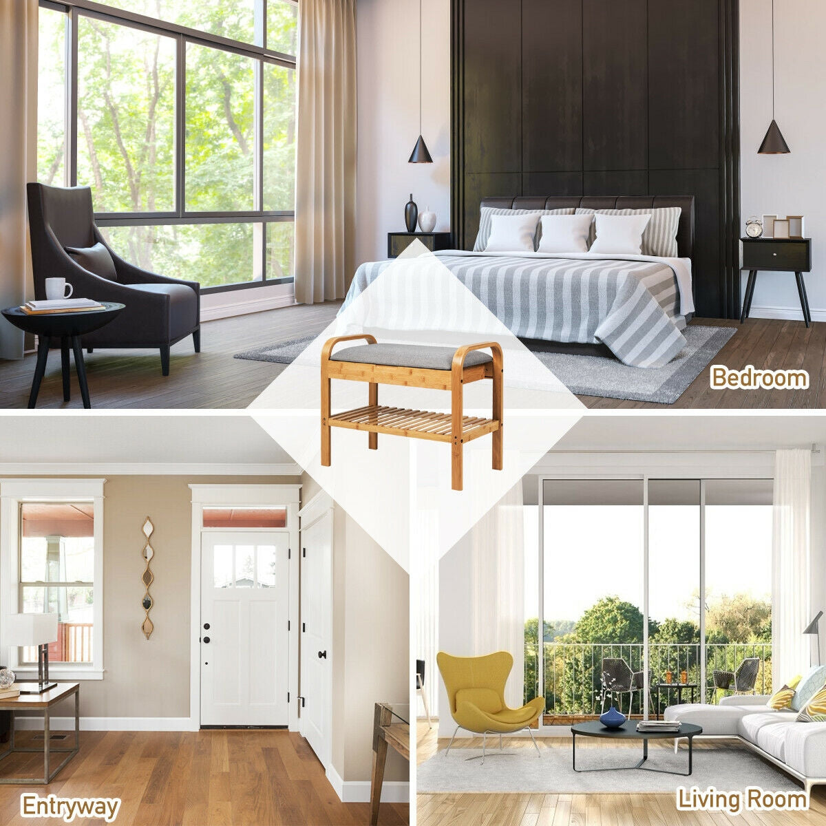 Shoe Rack Bench Bamboo with Storage Shelf -Natural Kids Crystal