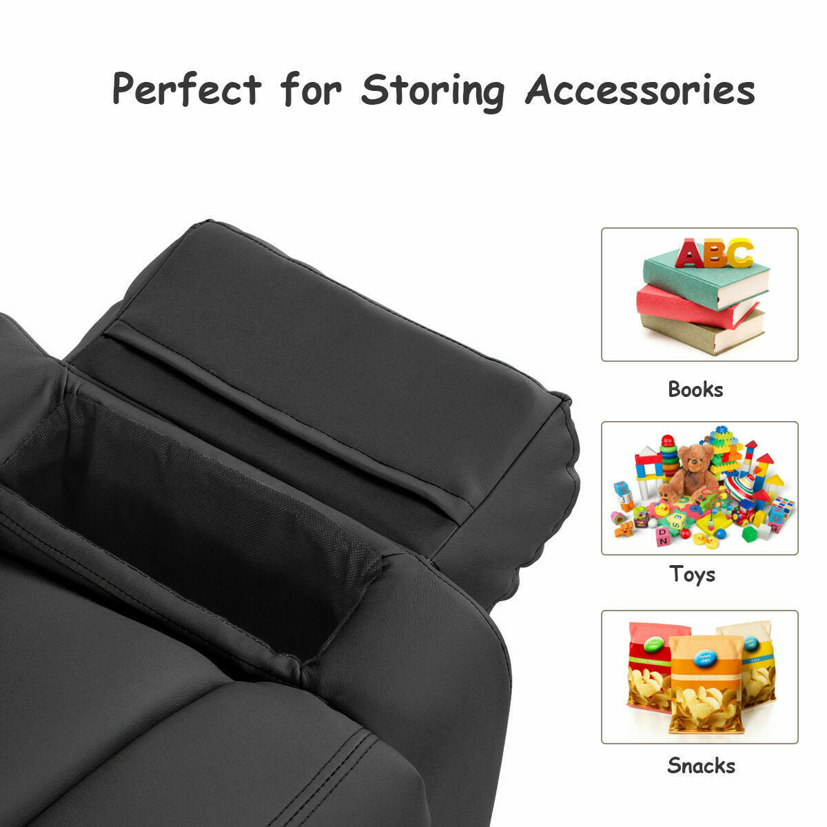 Kids Deluxe Headrest Recliner Sofa Chair with Storage Arms-Black