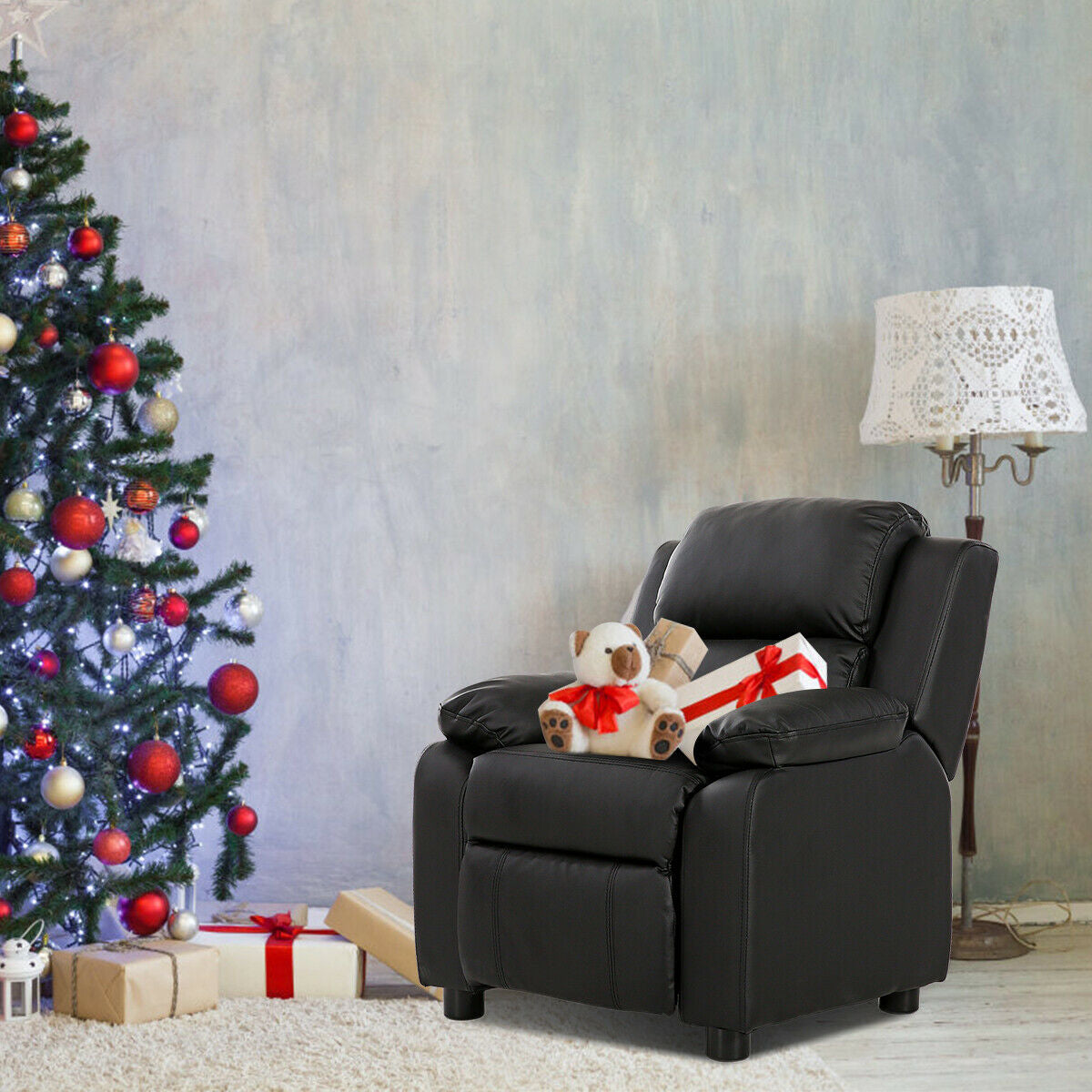 Kids Deluxe Headrest Recliner Sofa Chair with Storage Arms-Black
