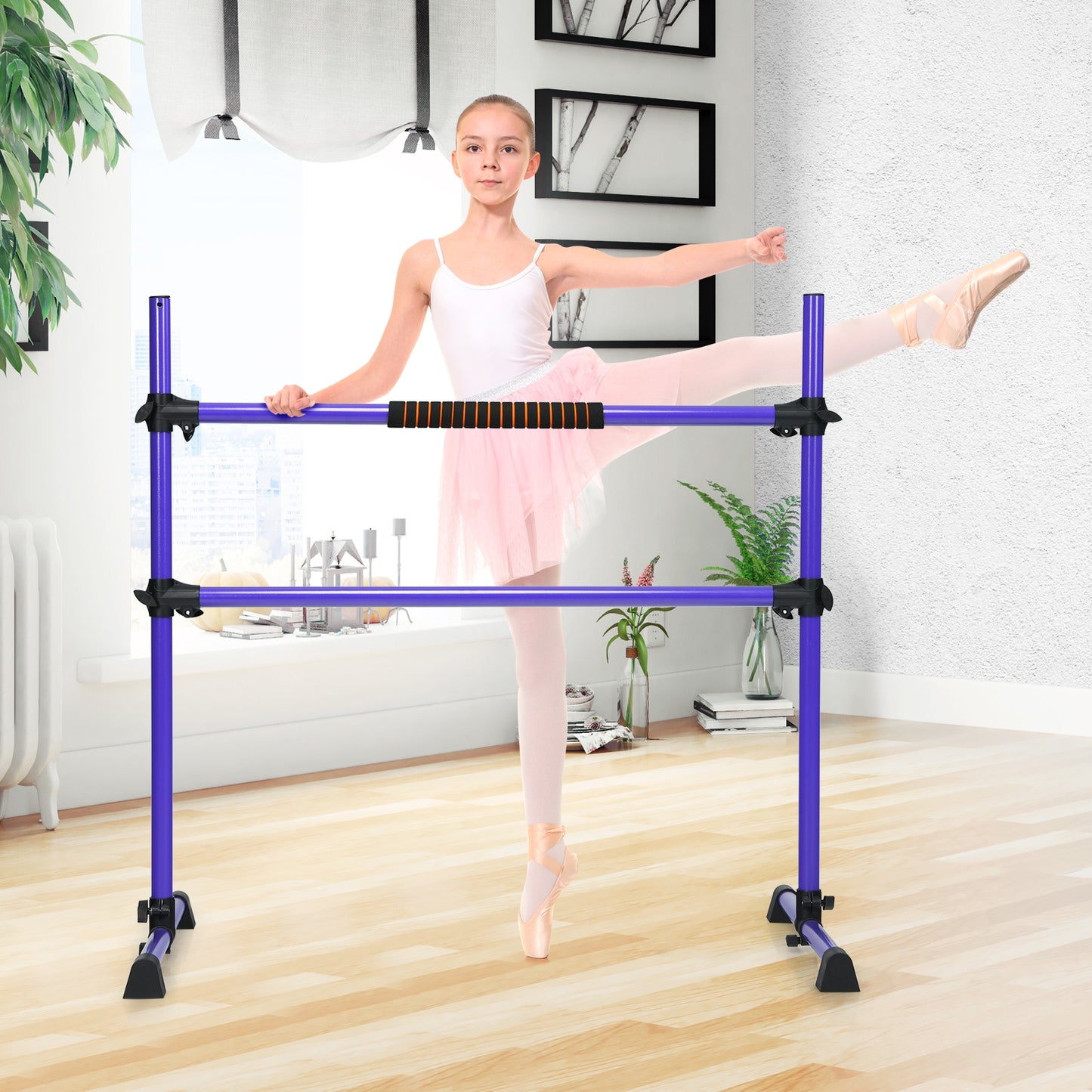 4 Feet Portable Freestanding Stable Construction Pilates Ballet Barre with Double Dance Bar-Purple Kids Crystal