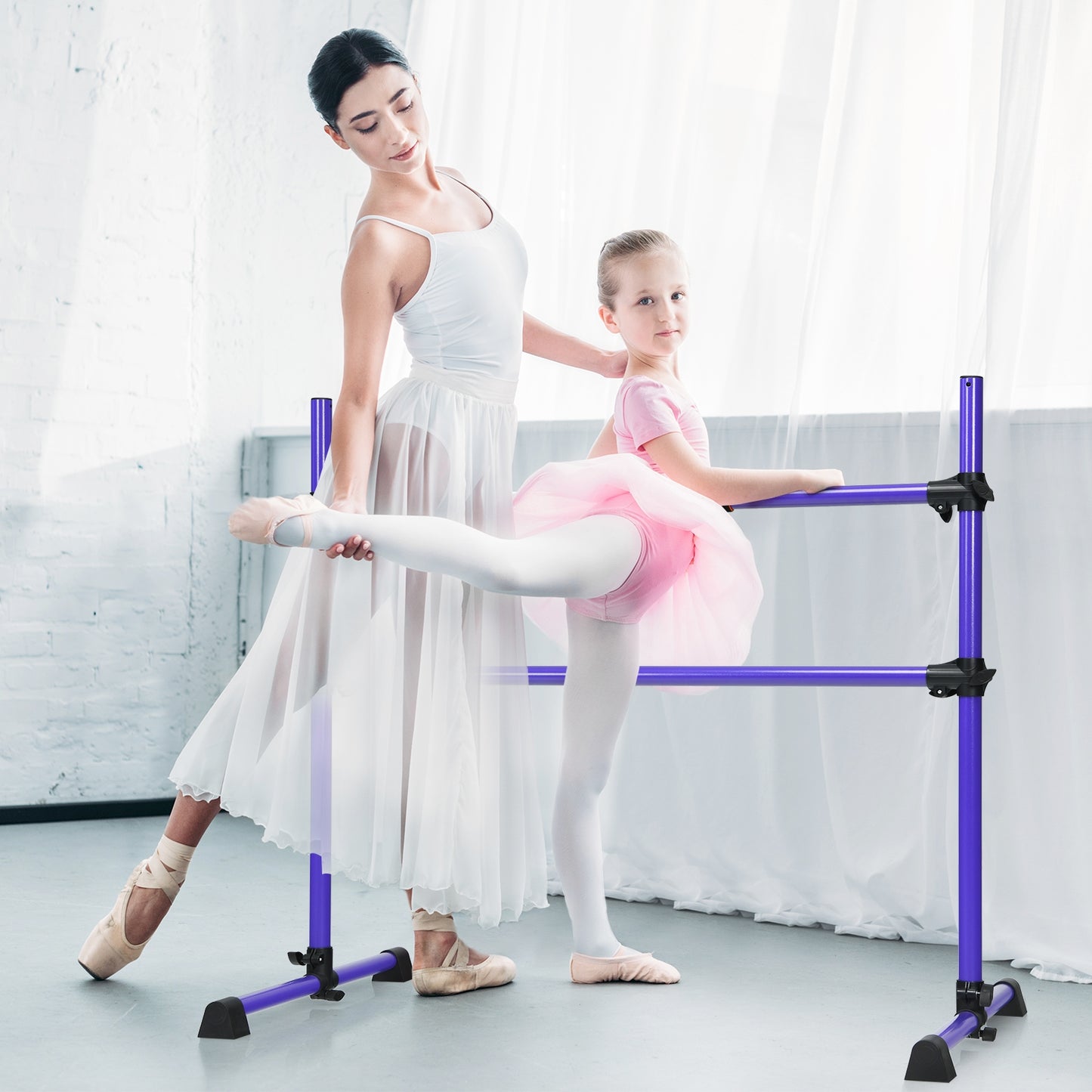 4 Feet Portable Freestanding Stable Construction Pilates Ballet Barre with Double Dance Bar-Purple Kids Crystal