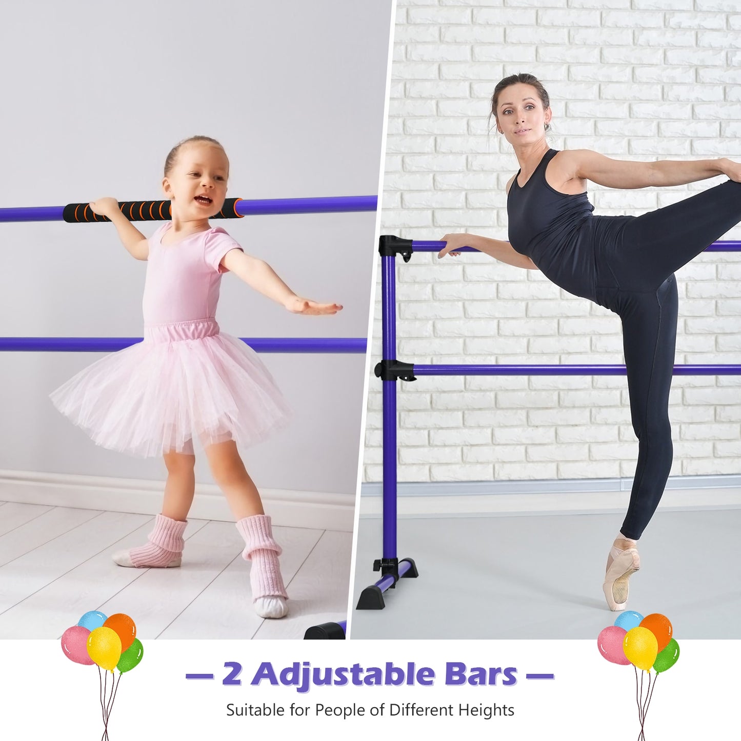4 Feet Portable Freestanding Stable Construction Pilates Ballet Barre with Double Dance Bar-Purple Kids Crystal