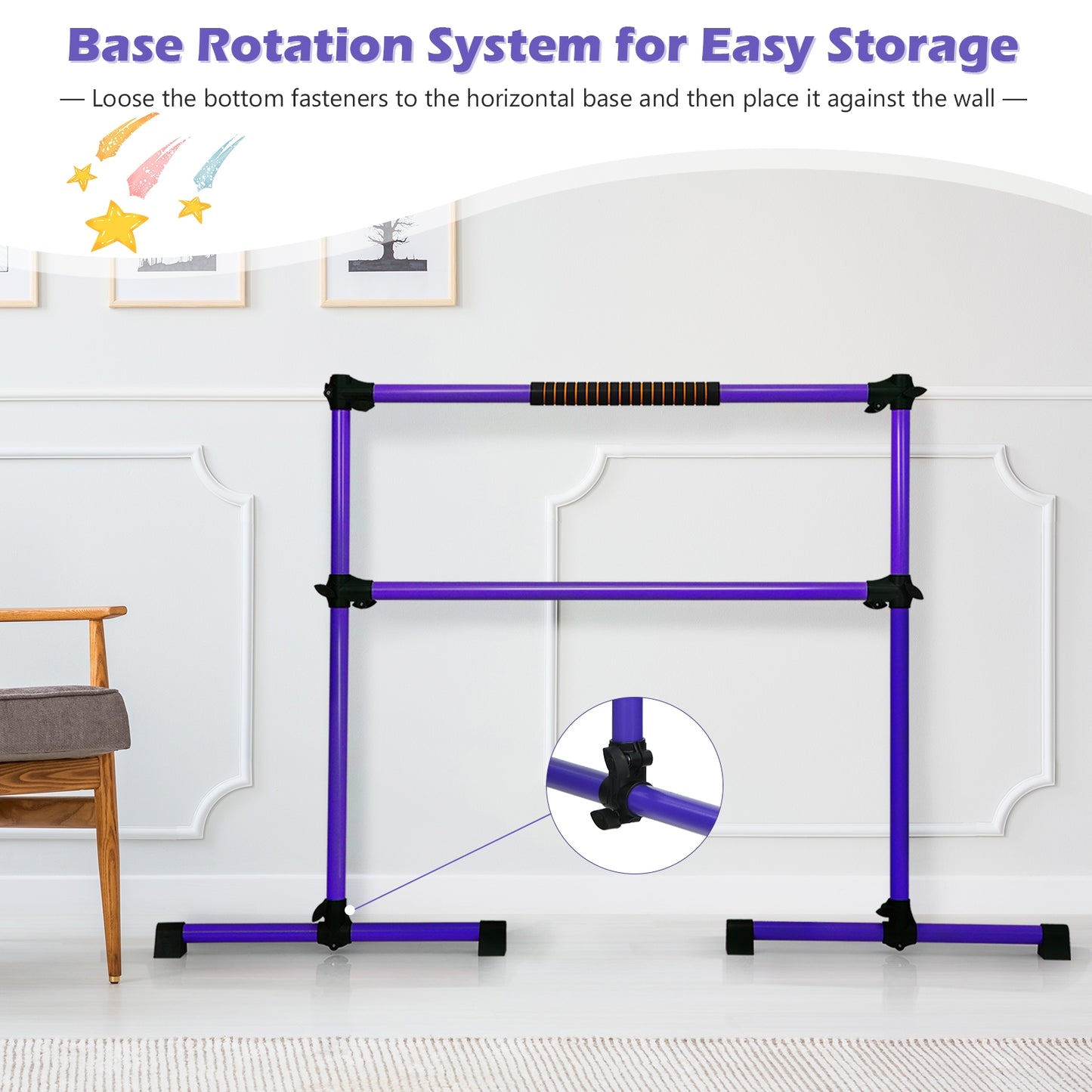 4 Feet Portable Freestanding Stable Construction Pilates Ballet Barre with Double Dance Bar-Purple Kids Crystal