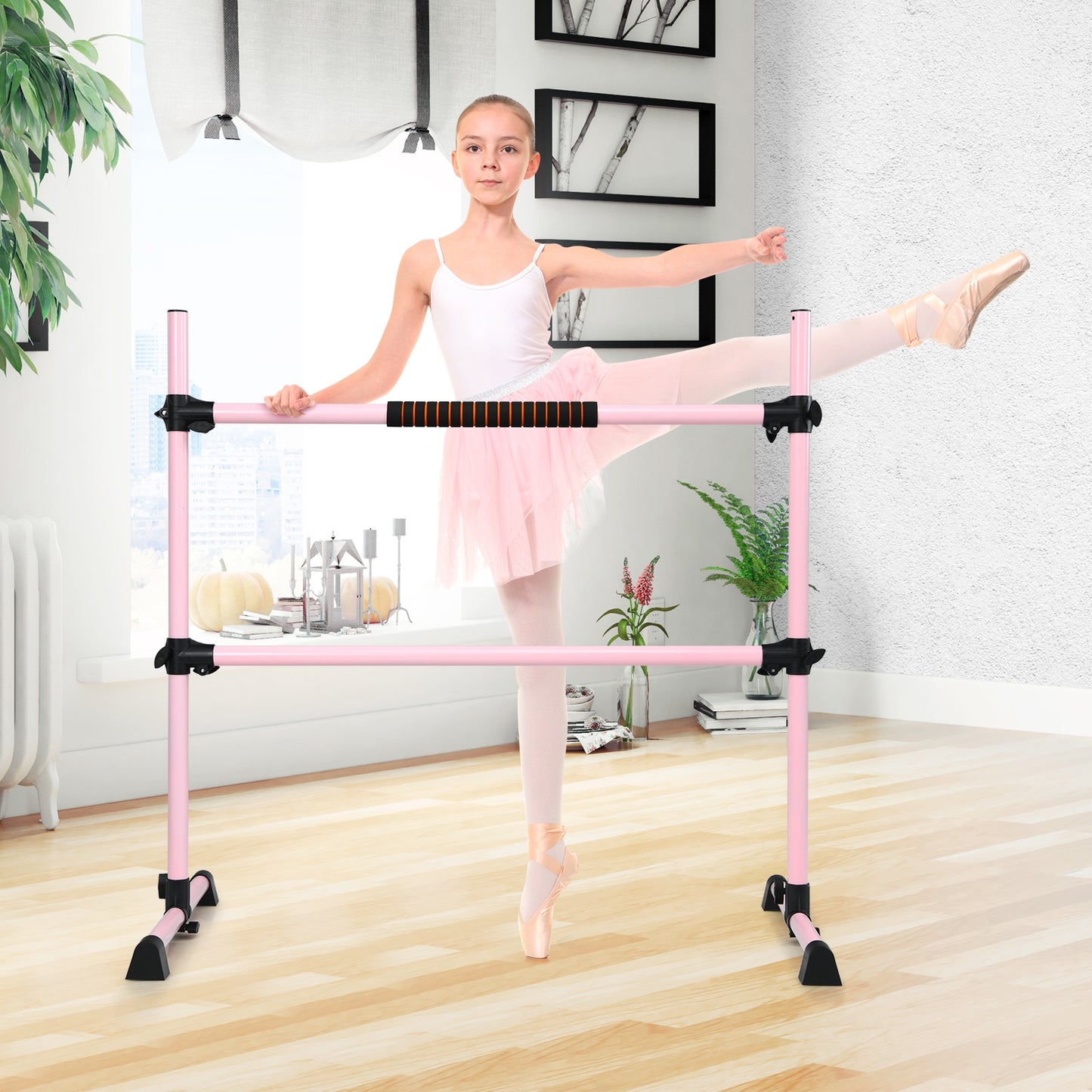 4 Feet Portable Freestanding Stable Construction Pilates Ballet Barre with Double Dance Bar-Pink Kids Crystal