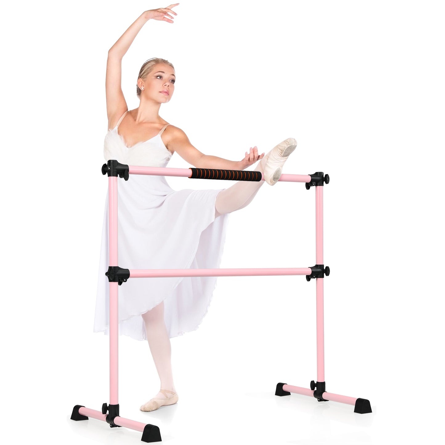4 Feet Portable Freestanding Stable Construction Pilates Ballet Barre with Double Dance Bar-Pink Kids Crystal
