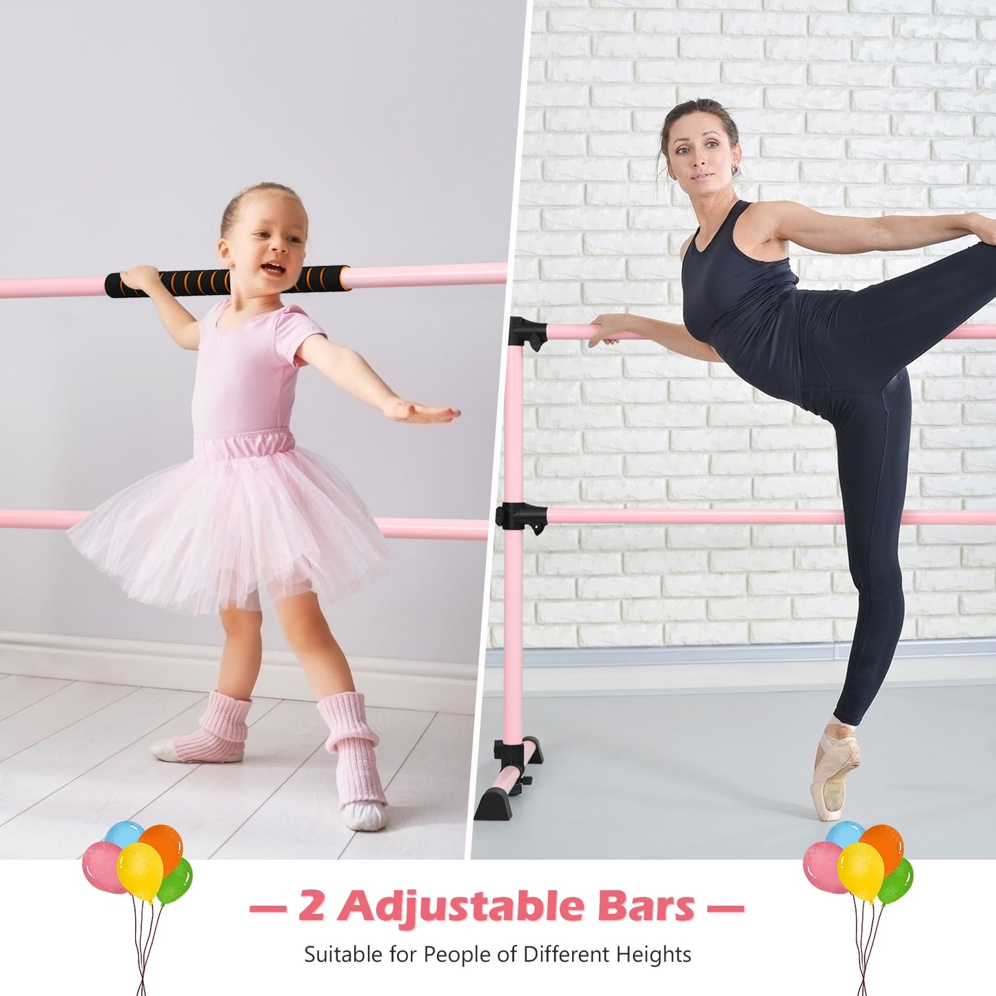 4 Feet Portable Freestanding Stable Construction Pilates Ballet Barre with Double Dance Bar-Pink Kids Crystal