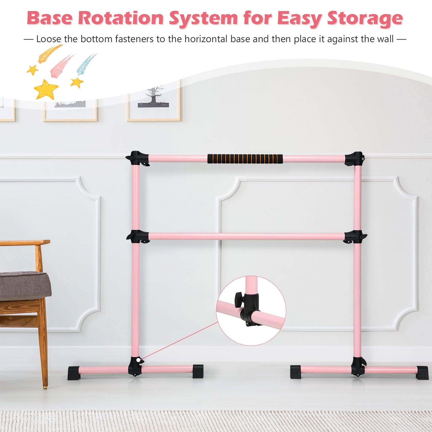 4 Feet Portable Freestanding Stable Construction Pilates Ballet Barre with Double Dance Bar-Pink Kids Crystal