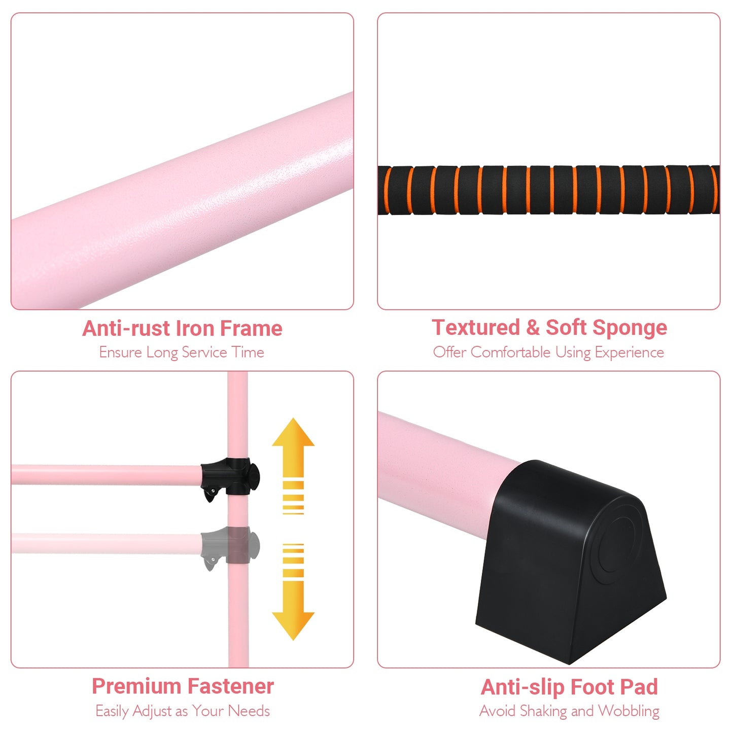 4 Feet Portable Freestanding Stable Construction Pilates Ballet Barre with Double Dance Bar-Pink Kids Crystal