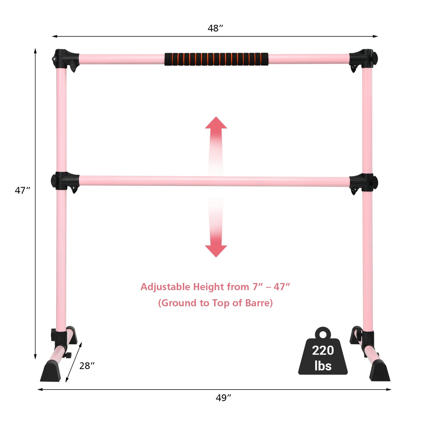 4 Feet Portable Freestanding Stable Construction Pilates Ballet Barre with Double Dance Bar-Pink Kids Crystal