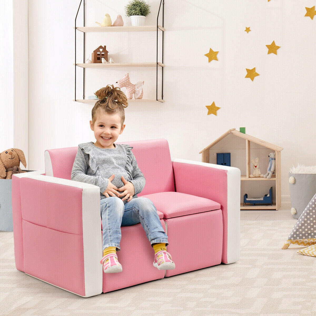 Multi-functional Kids Sofa Table Chair Set-Pink Kids Crystal