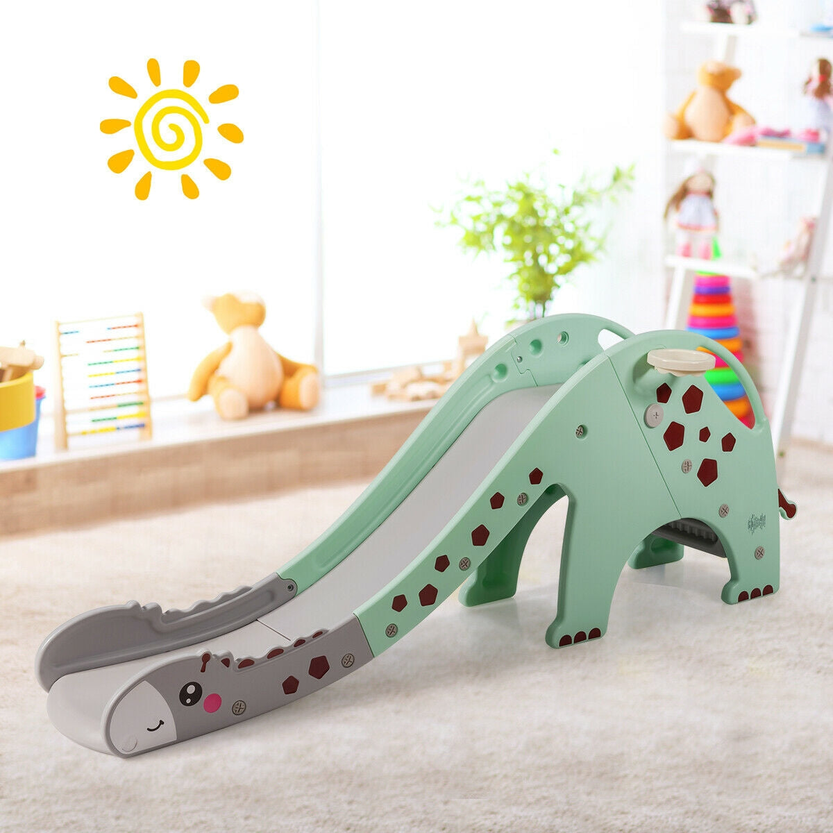3-in-1 Kids Climber Slide Play Set with Basketball Hoop-Green Kids Crystal