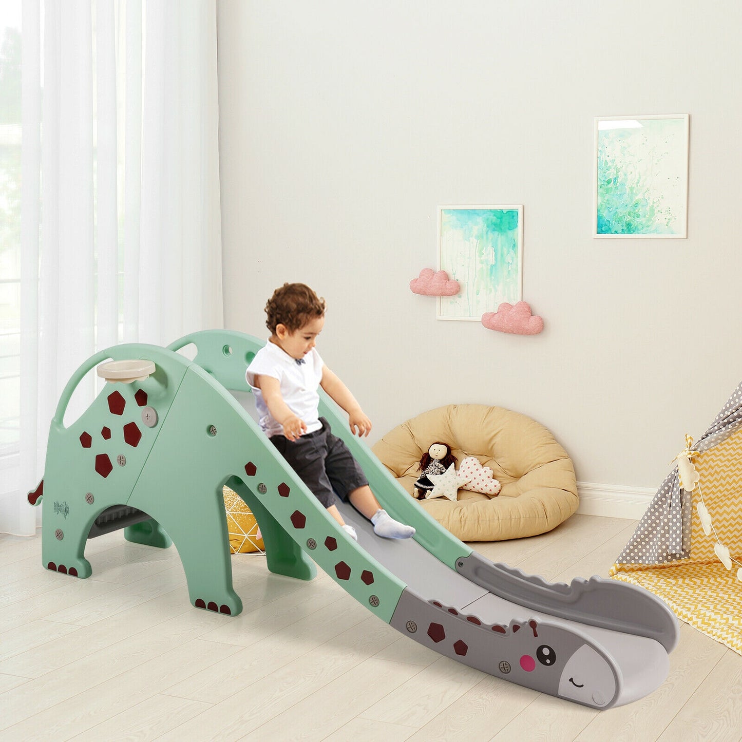3-in-1 Kids Climber Slide Play Set with Basketball Hoop-Green Kids Crystal